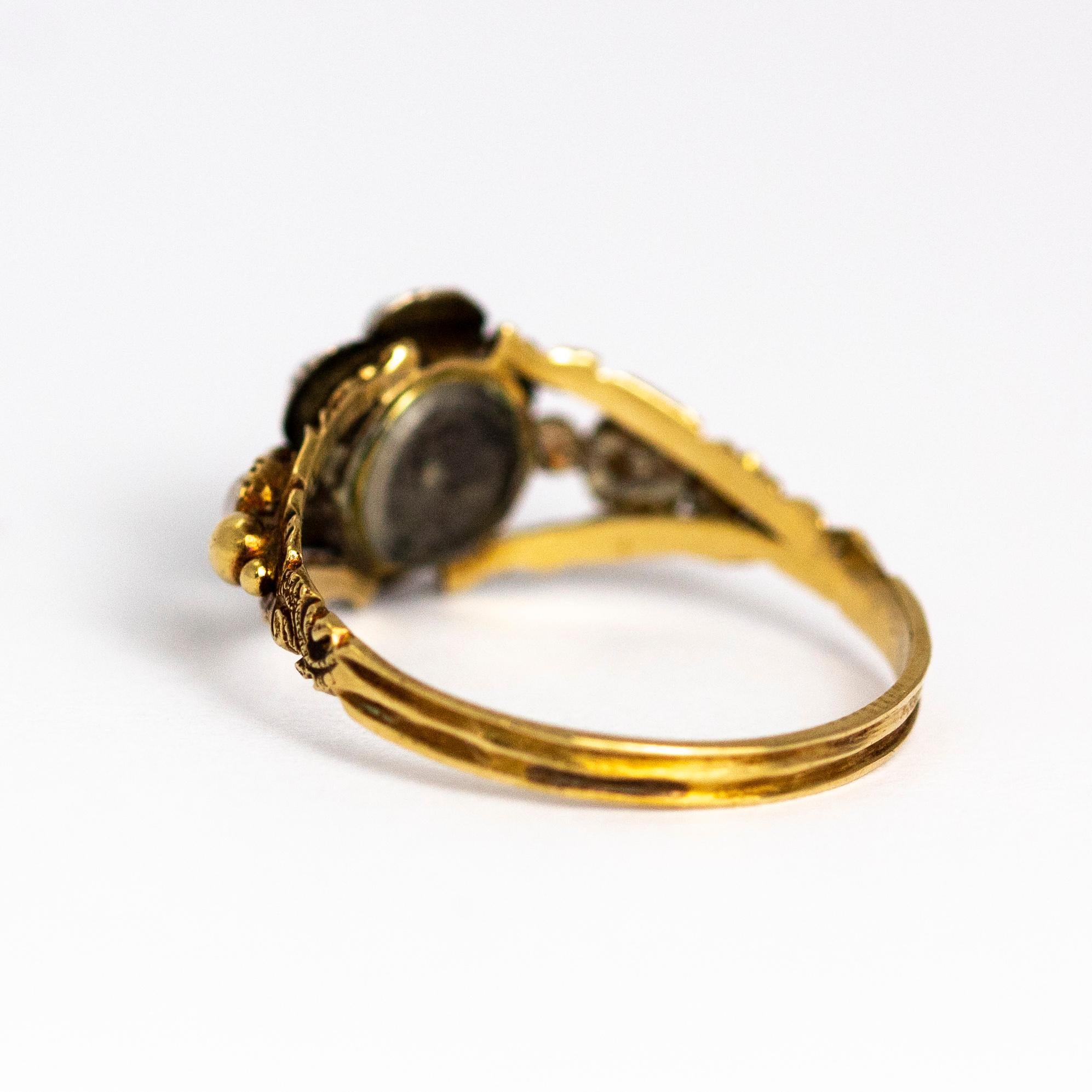 Women's or Men's Late Georgian Pearl and Diamond 15 Carat Cluster Locket Back Ring