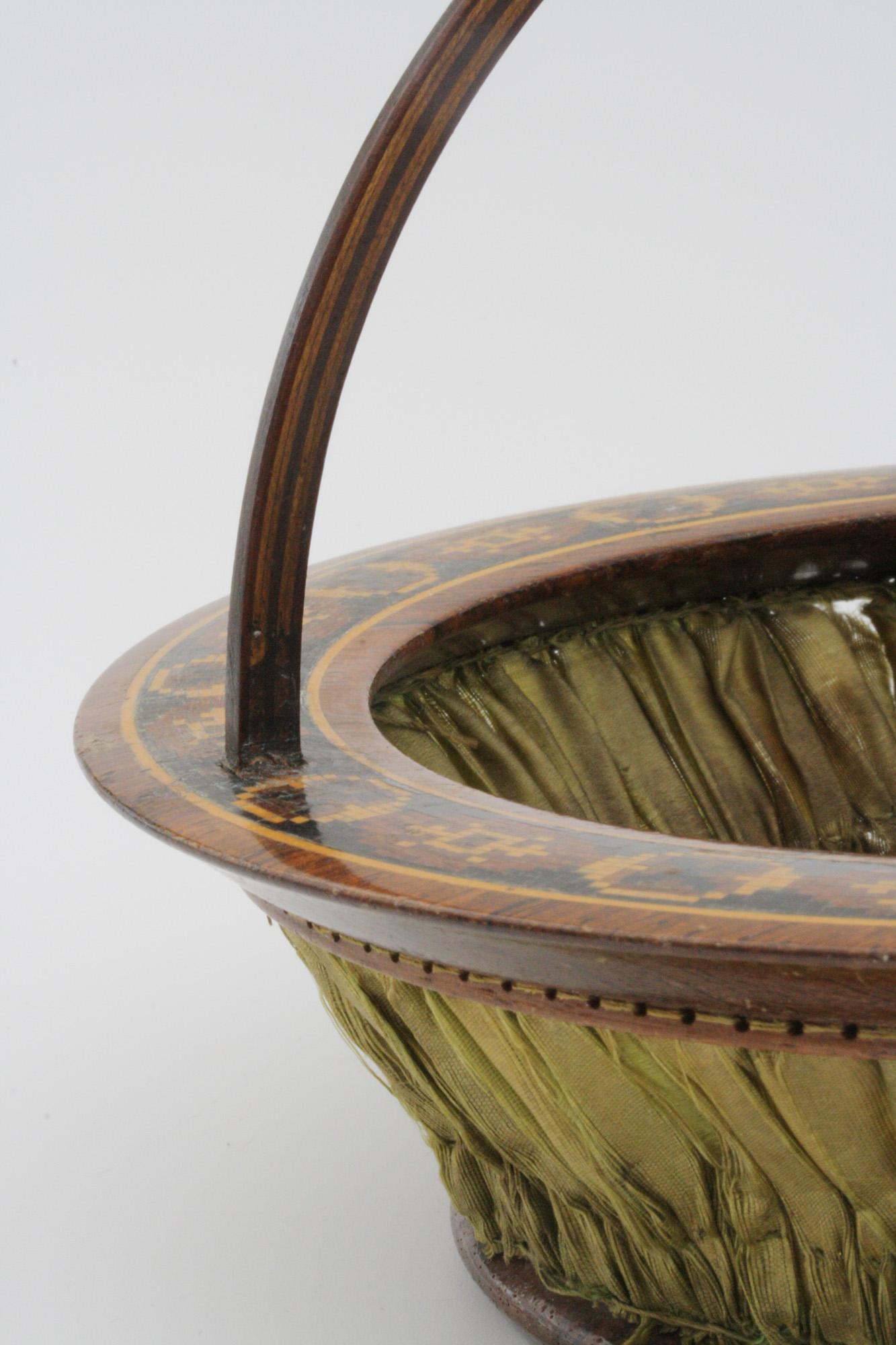George III Late Georgian Rare Tunbridgeware Wood and Silk Sewing Basket For Sale