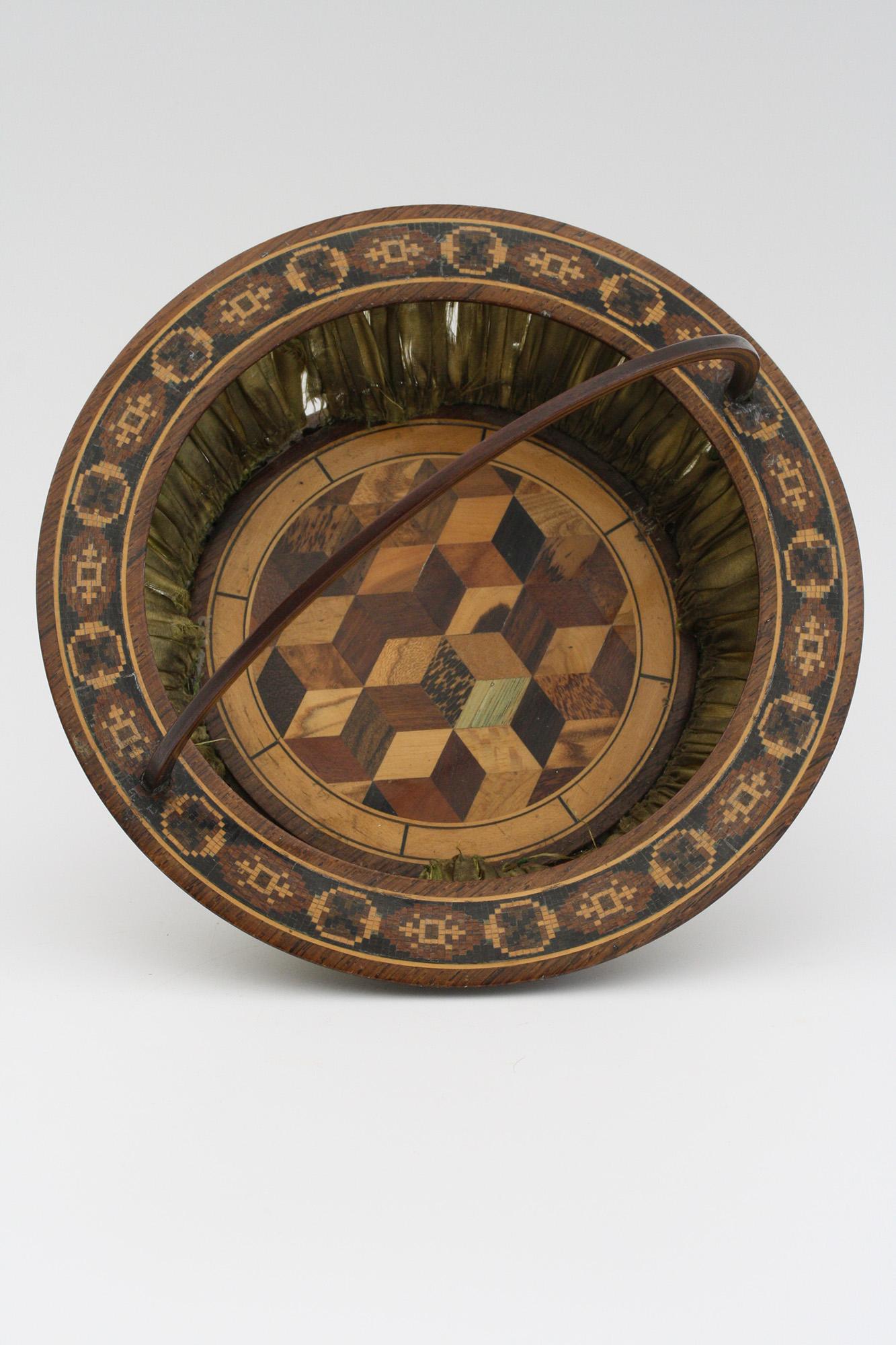 English Late Georgian Rare Tunbridgeware Wood and Silk Sewing Basket For Sale
