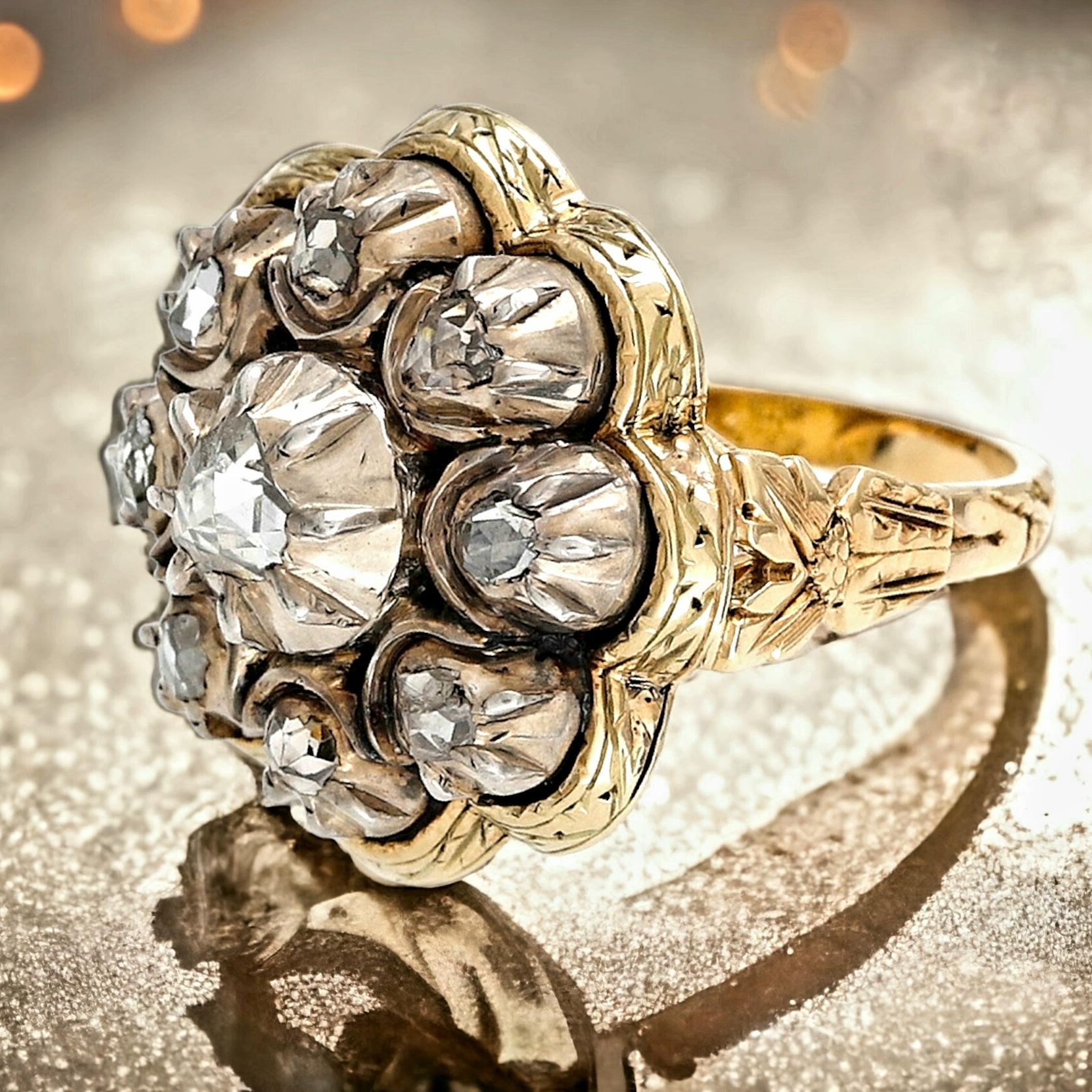 Women's or Men's Late Georgian Rose Cut Diamond Cluster Ring (Europe Ca. 1830) For Sale