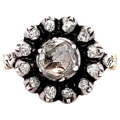 Antique Late Georgian Rose Cut Diamond Silver 14 Karat Yellow Gold Cluster Ring