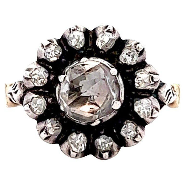 Late Georgian Rose Cut Diamond Silver 14 Karat Yellow Gold Cluster Ring ...