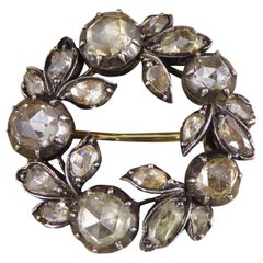 Late Georgian Rose Cut Diamond Wreath Shaped Brooch Gold Backed Silver Fronted