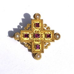 Late Georgian Ruby and Pearl Yellow Gold Brooch