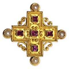 Late Georgian Ruby and Pearl Yellow Gold Brooch