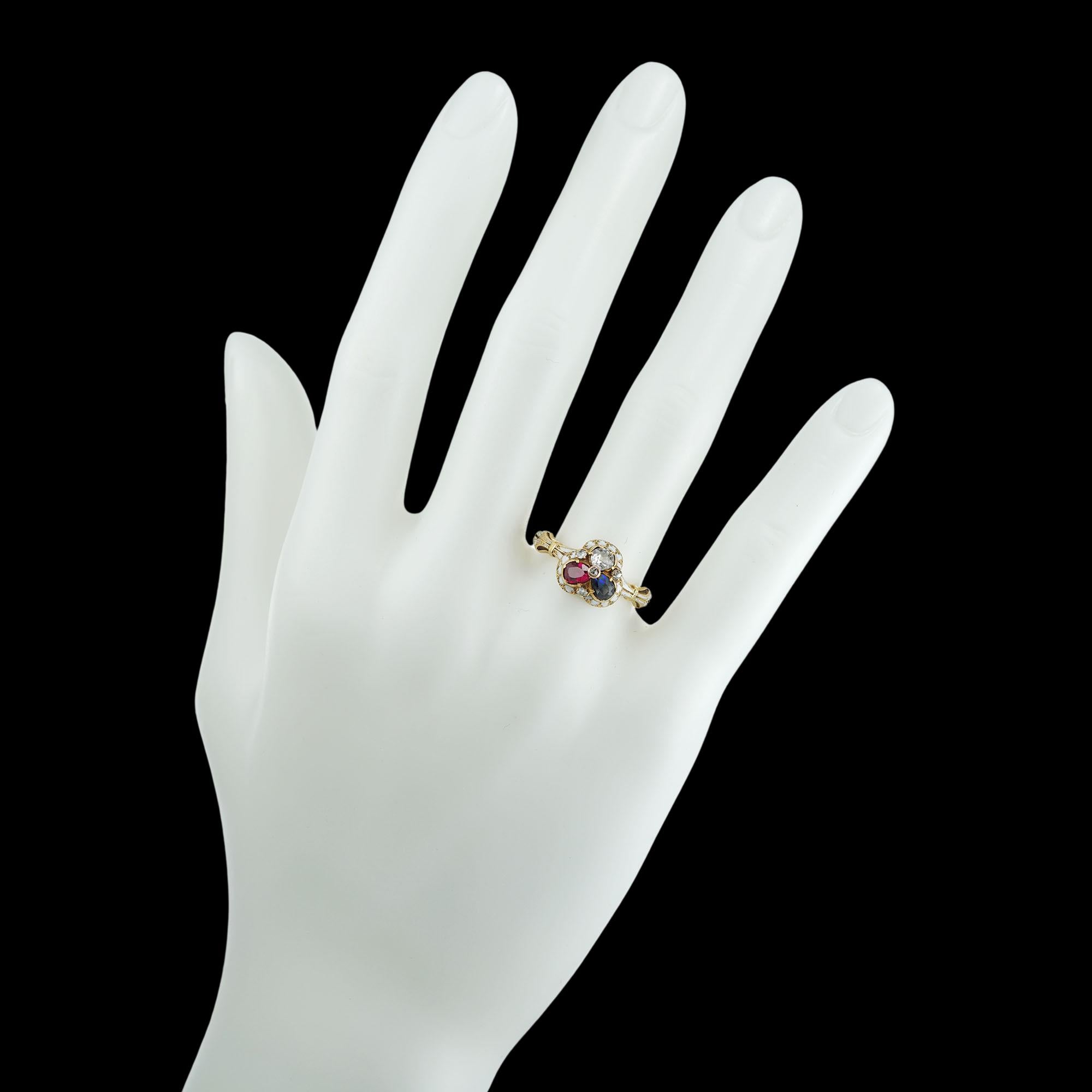 Oval Cut Late Georgian Ruby, Sapphire and Diamond Enamel Ring