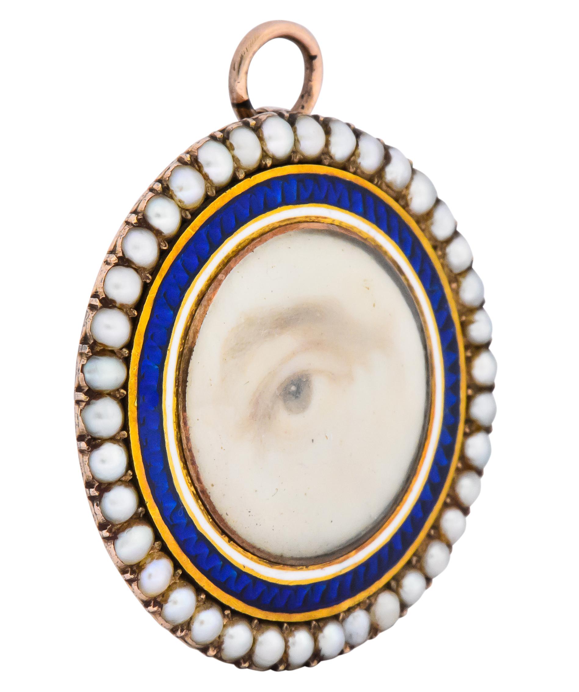 George IV Late Georgian Seed Pearl Enamel 12 Karat Gold Lover’s Eye Pendant Brooch