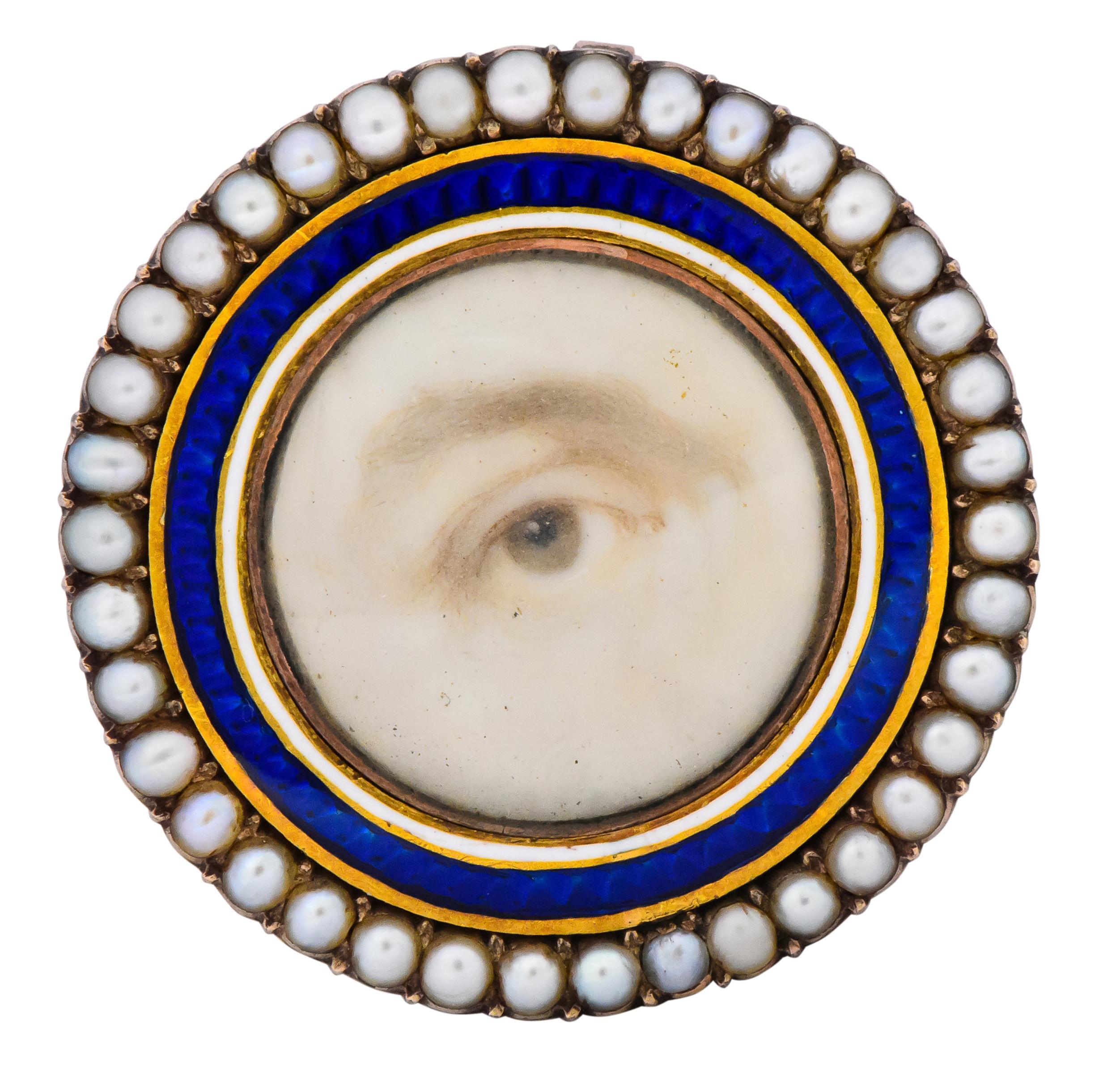 Late Georgian Seed Pearl Enamel 12 Karat Gold Lover’s Eye Pendant Brooch 2