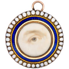 Late Georgian Seed Pearl Enamel 12 Karat Gold Lover’s Eye Pendant Brooch