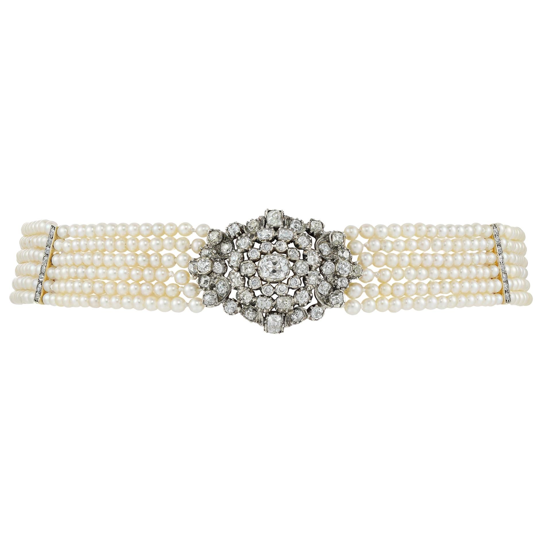 Late Georgian Six-Row Natural Pearl and Diamond Collar Necklace