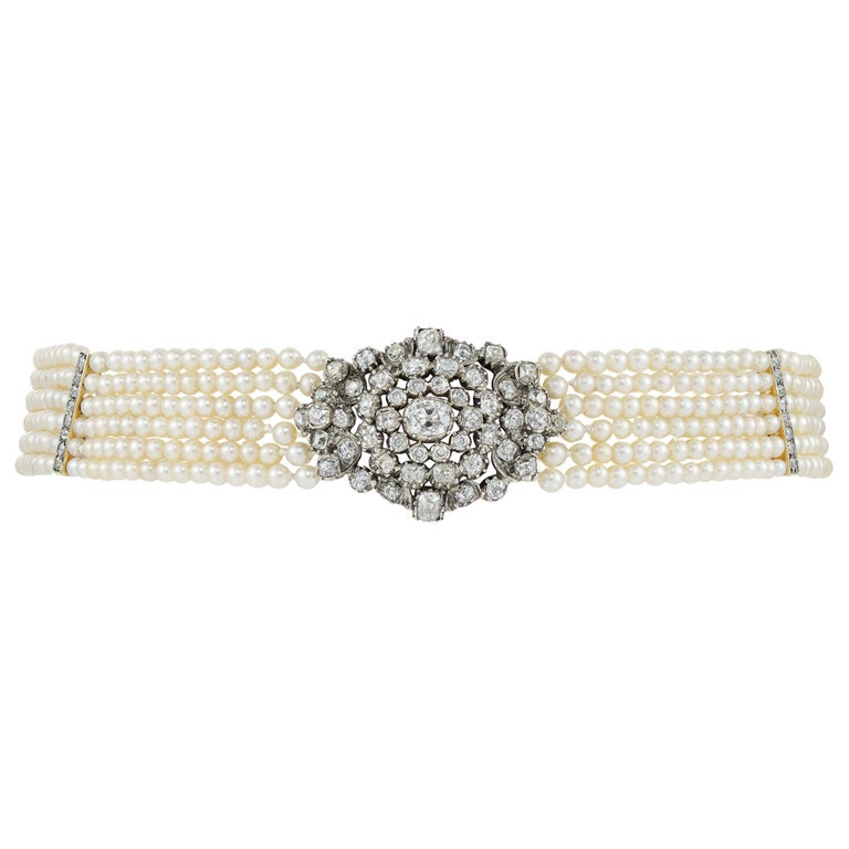 Late Georgian Six-Row Natural Pearl and Diamond Collar Necklace For Sale