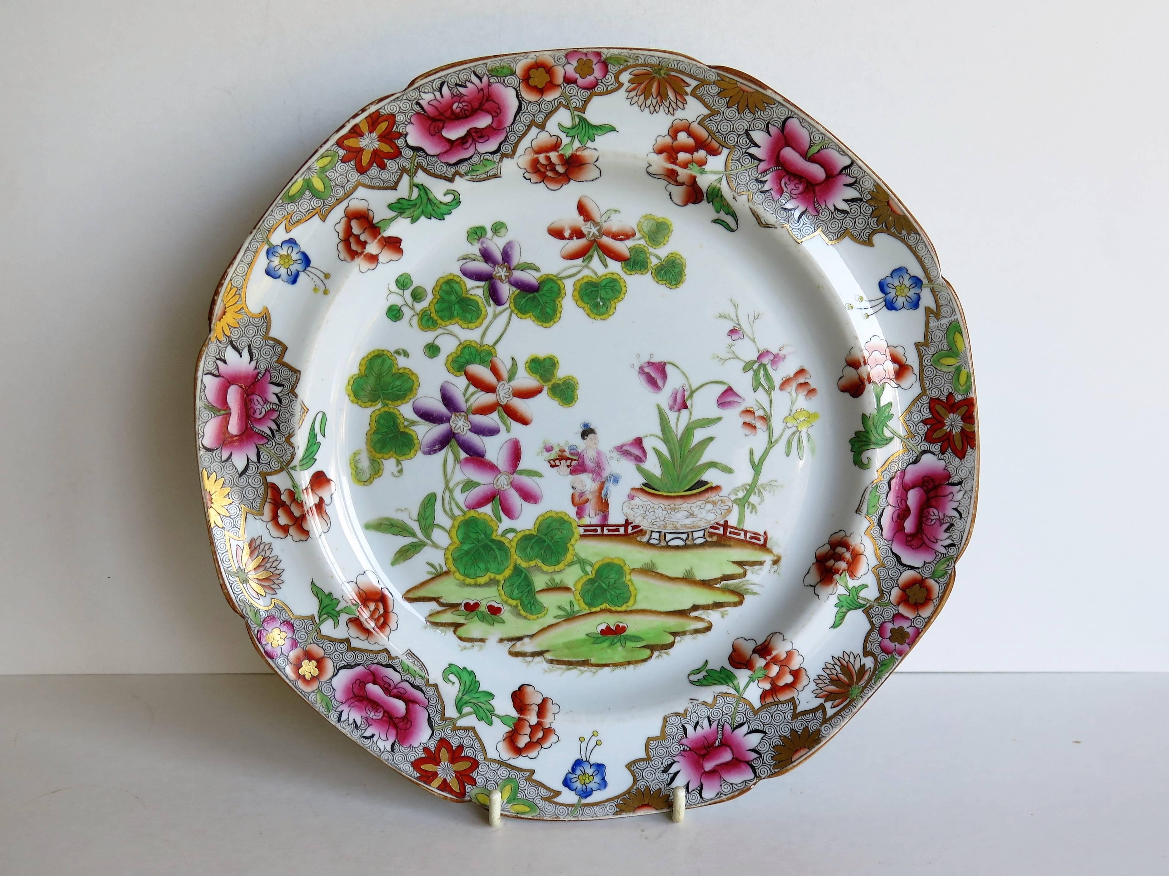 This is a beautiful dinner plate, produced by the Spode factory, circa 1820.

The plate has a large diameter ( over 9.5 inches) with a scalloped edge rim.

This is pattern number 3703, the chinoiserie decoration being transfer printed in grey