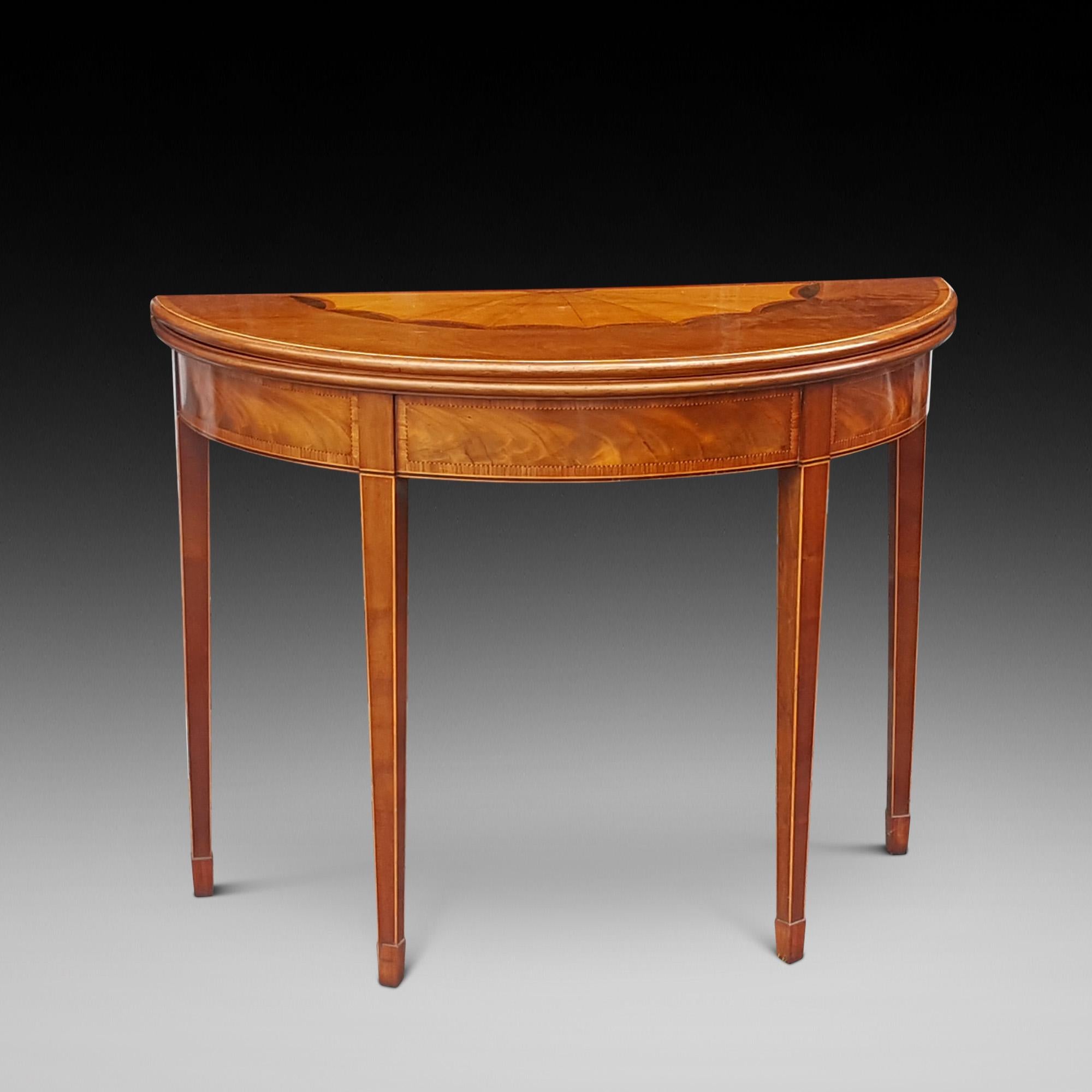 Late 18th century mahogany demilune tea table with satinwood and sycamore sunburst inlaid top on square tapered feet 38