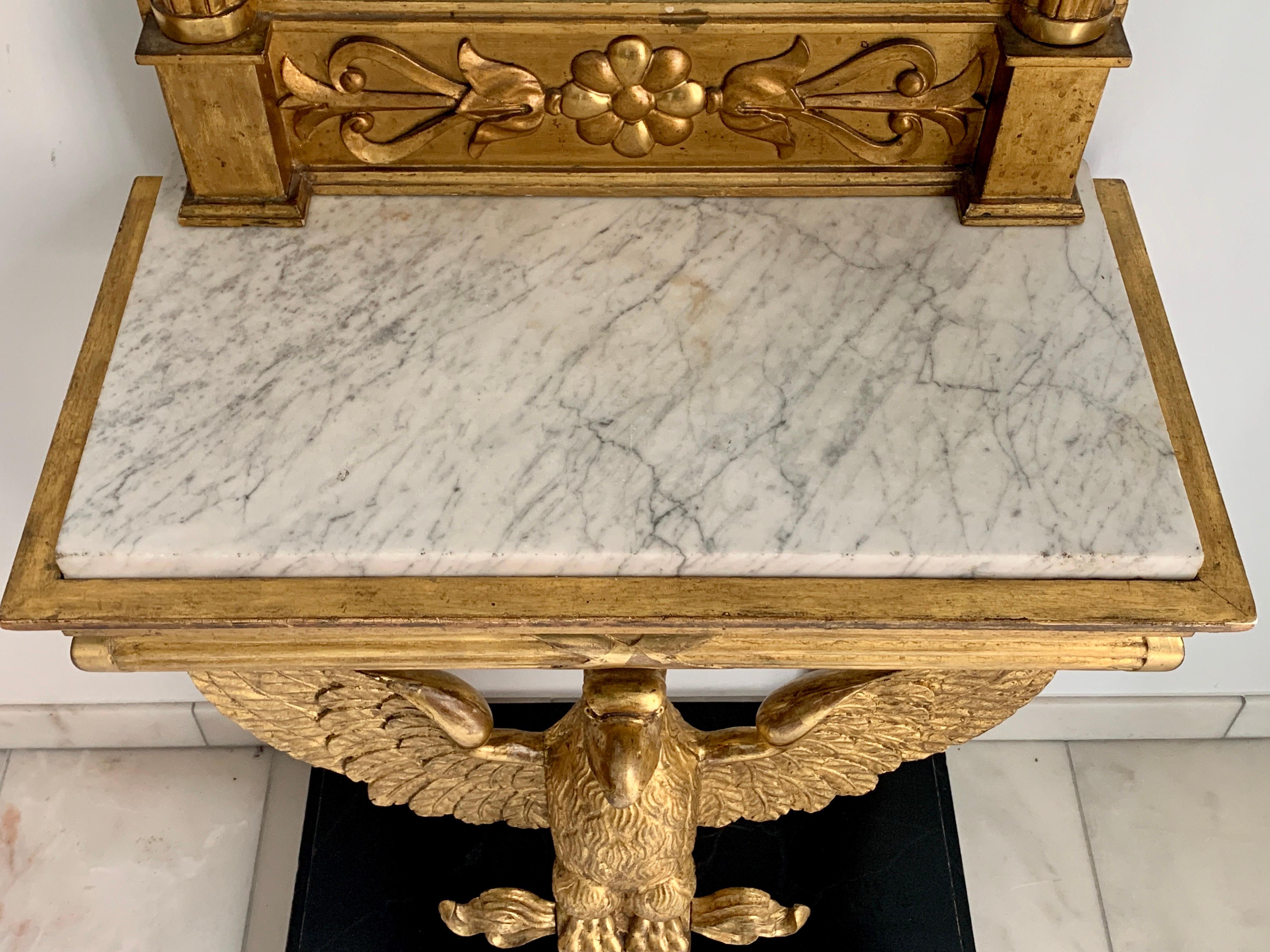 Marble Late Gustavian Early 19th Century Giltwood Eagle Console Table and Mirror For Sale