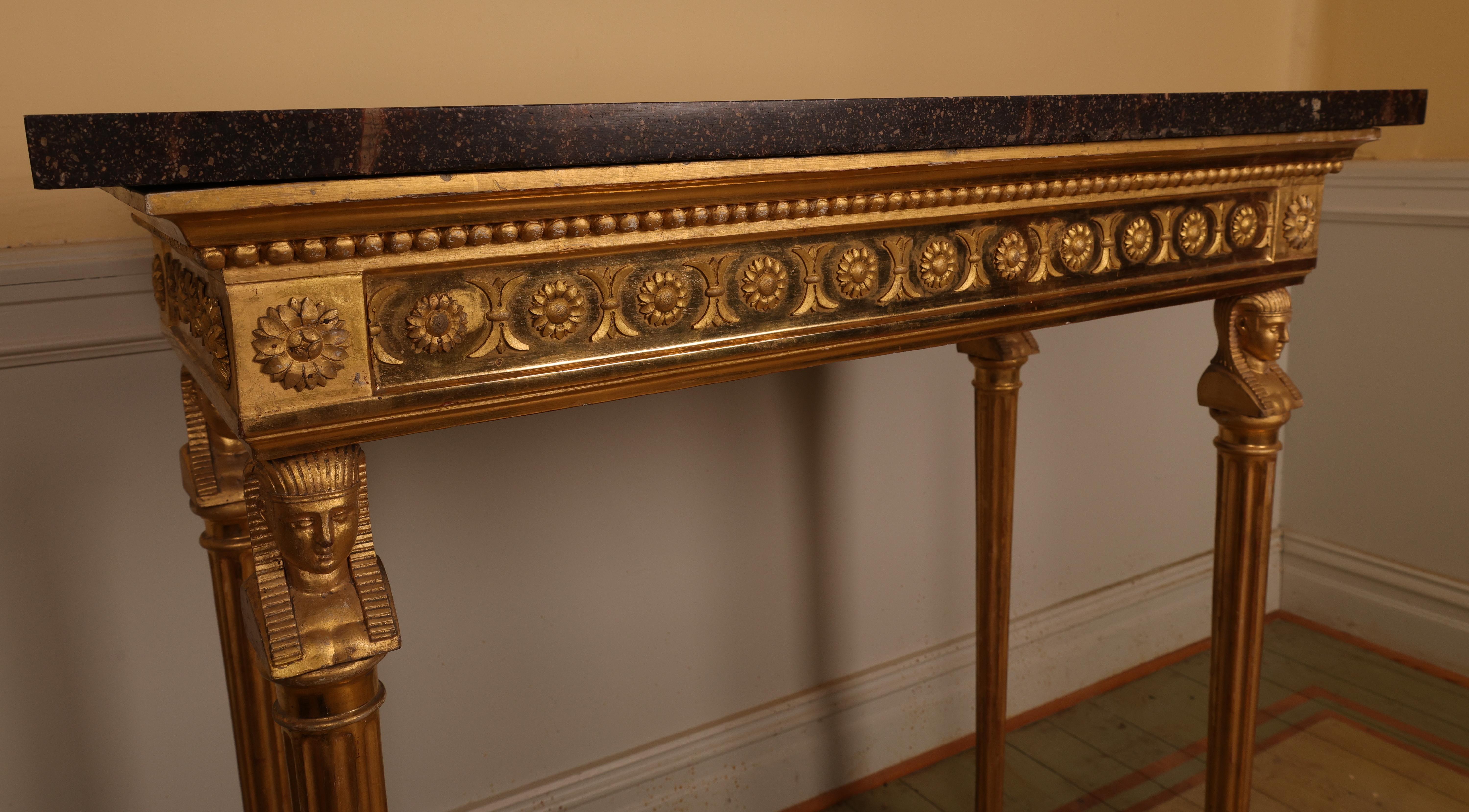 Swedish Late Gustavian Gilt Console Table with Porphyry Top, Circa 1800 For Sale