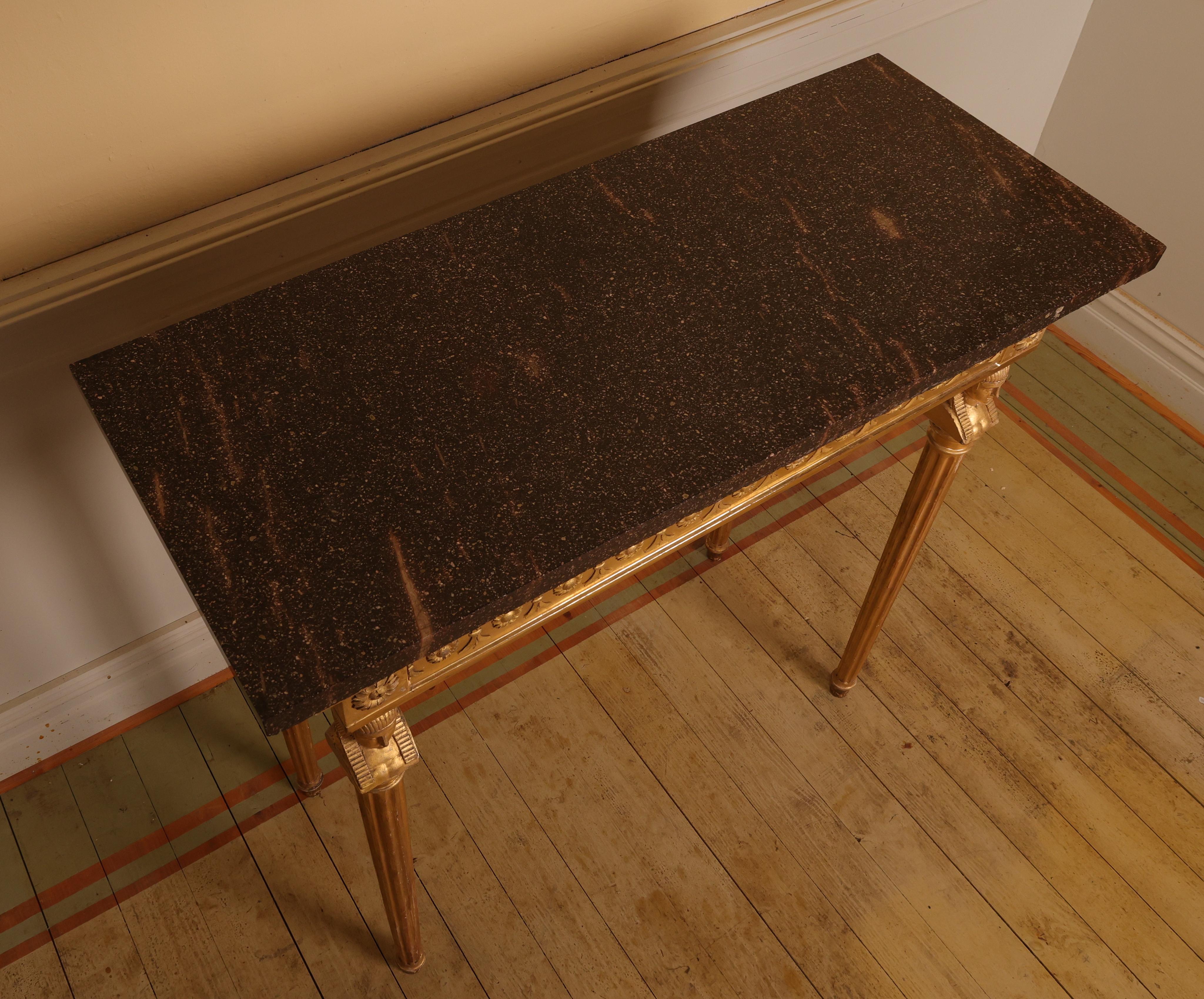 Early 19th Century Late Gustavian Gilt Console Table with Porphyry Top, Circa 1800 For Sale