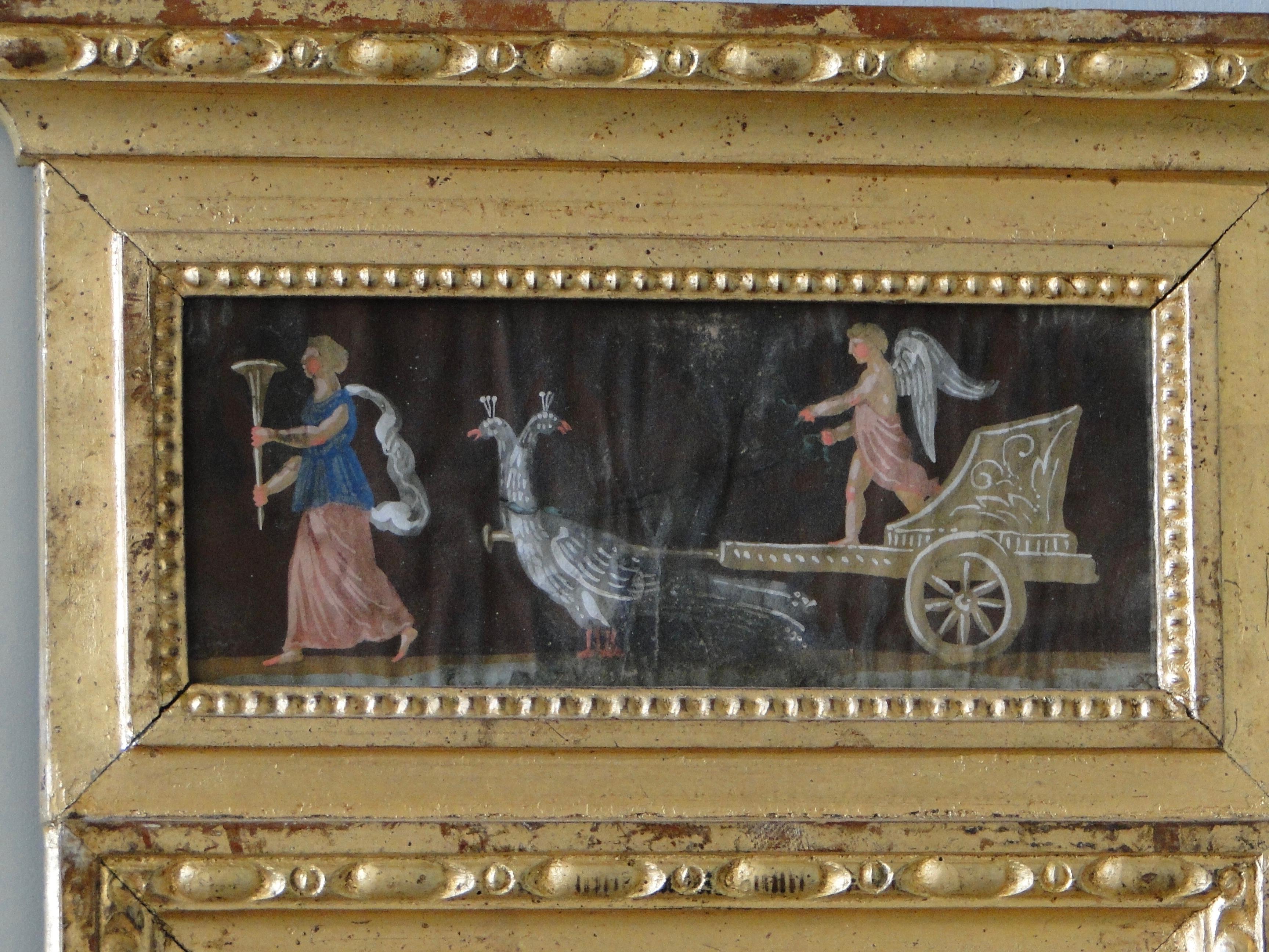 Late Gustavian mirror, gilded wood, glass in 2 parts, beautiful Empire painting on paper 2 peacock pulling cherub on chariot.