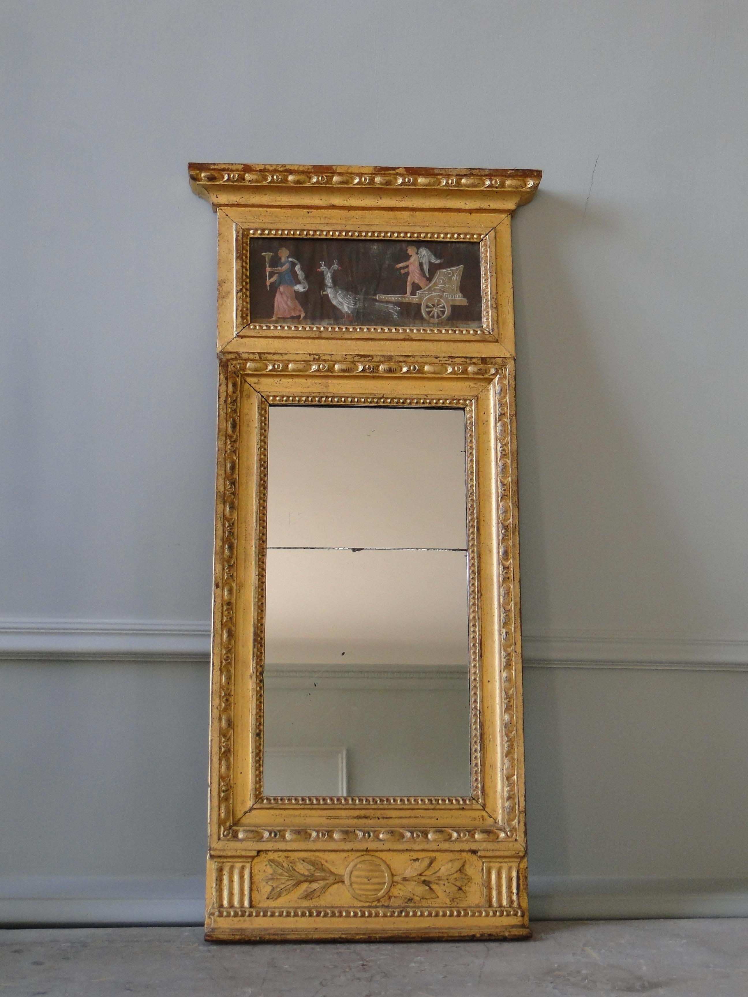 Swedish  Late Gustavian Mirror with Painting on Paper Late 18th-Early 19th Century For Sale