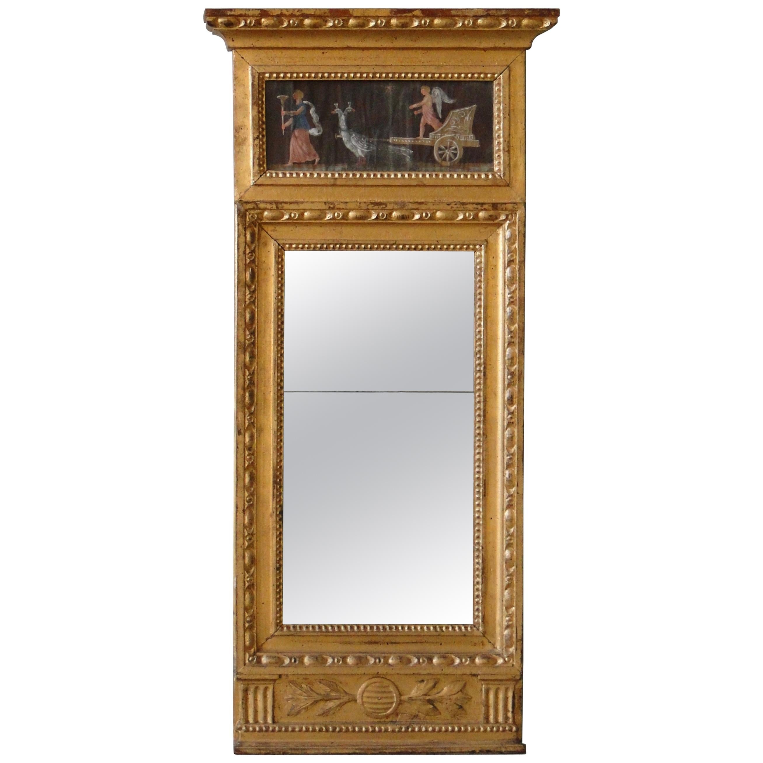  Late Gustavian Mirror with Painting on Paper Late 18th-Early 19th Century For Sale