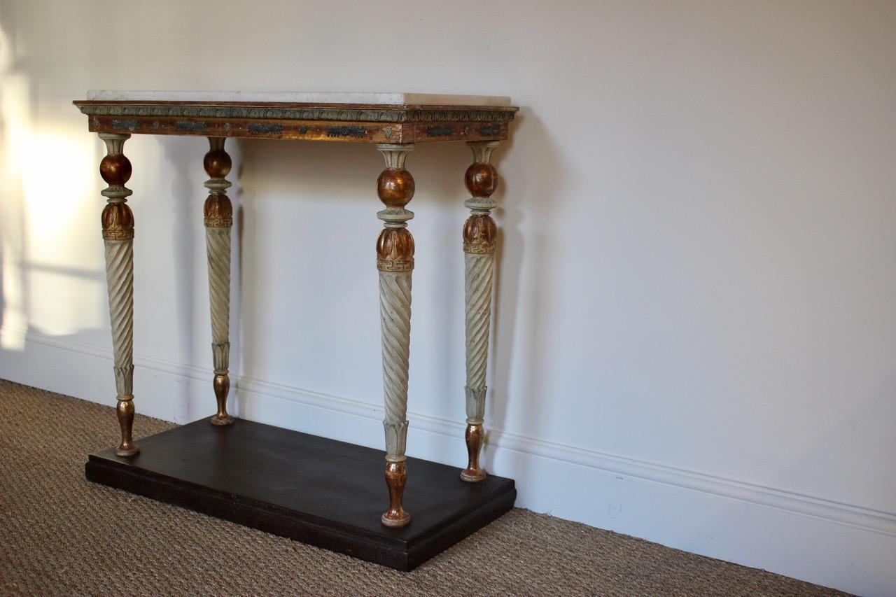A fine quality late Gustavian, gilded, bronzed and dark patinated console table, with a replacement marble top, that will work well in most settings,
circa 1800, Sweden.