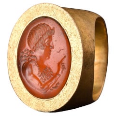 Late Hellenistic Red Jasper Intaglio of Goddess in Large Gold Ring