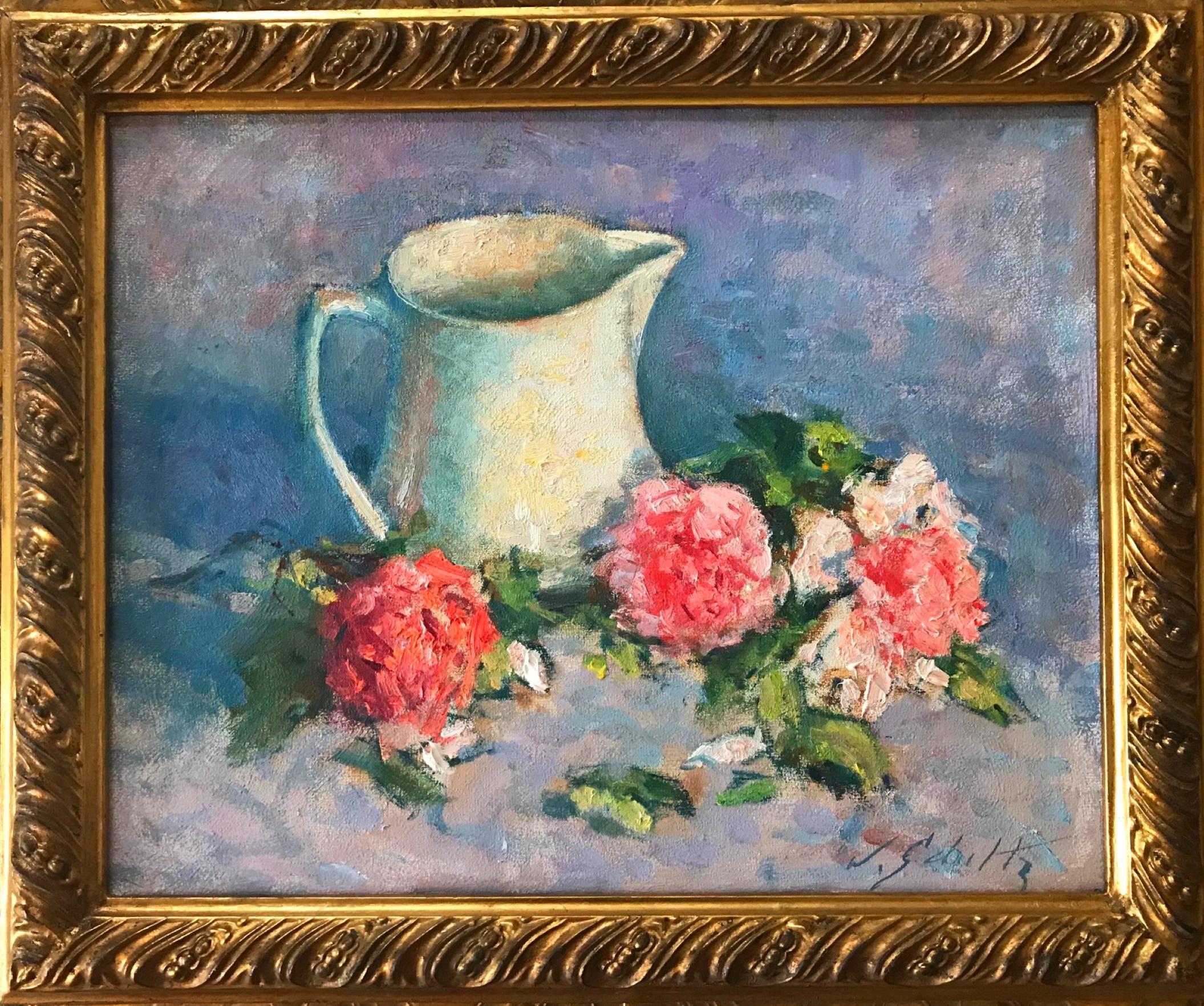 Late impressionist still life oil painting, pitcher with peonies, signed, early 20th century

This late impressionistic floral still life with pitcher is painted with heavy impasto in pastel colors on heavy linen. It is housed in a substantial