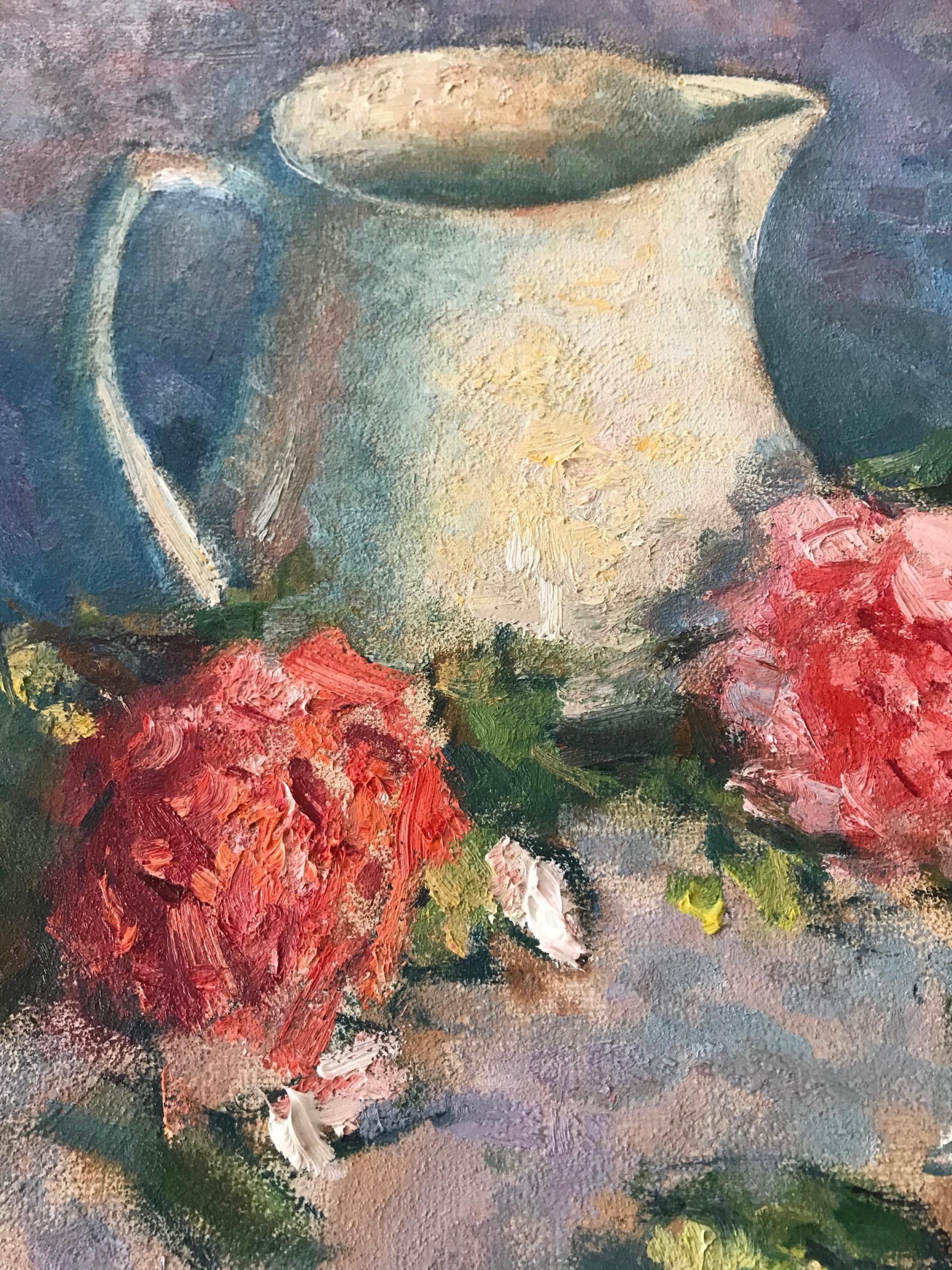 Late Impressionist Still Life Oil Painting, Pitcher with Peonies, Signed In Good Condition In Vero Beach, FL
