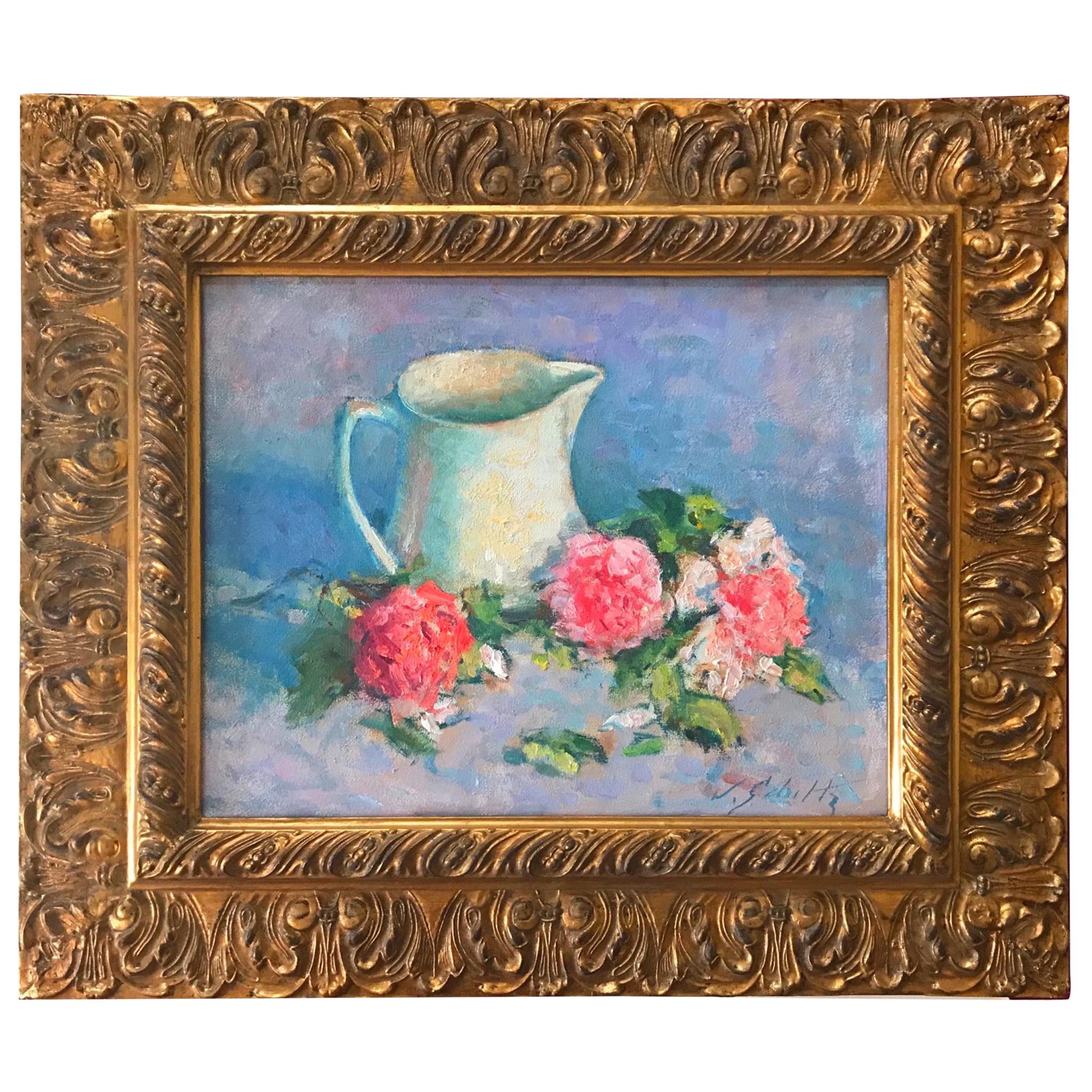 Late Impressionist Still Life Oil Painting, Pitcher with Peonies, Signed