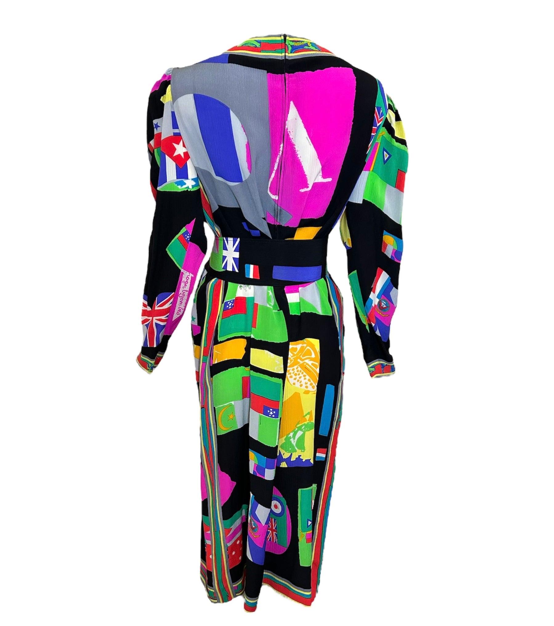 Black Late Leonard Silk Crepe Belted Flag Dress PLUS SIZED, 1980s For Sale