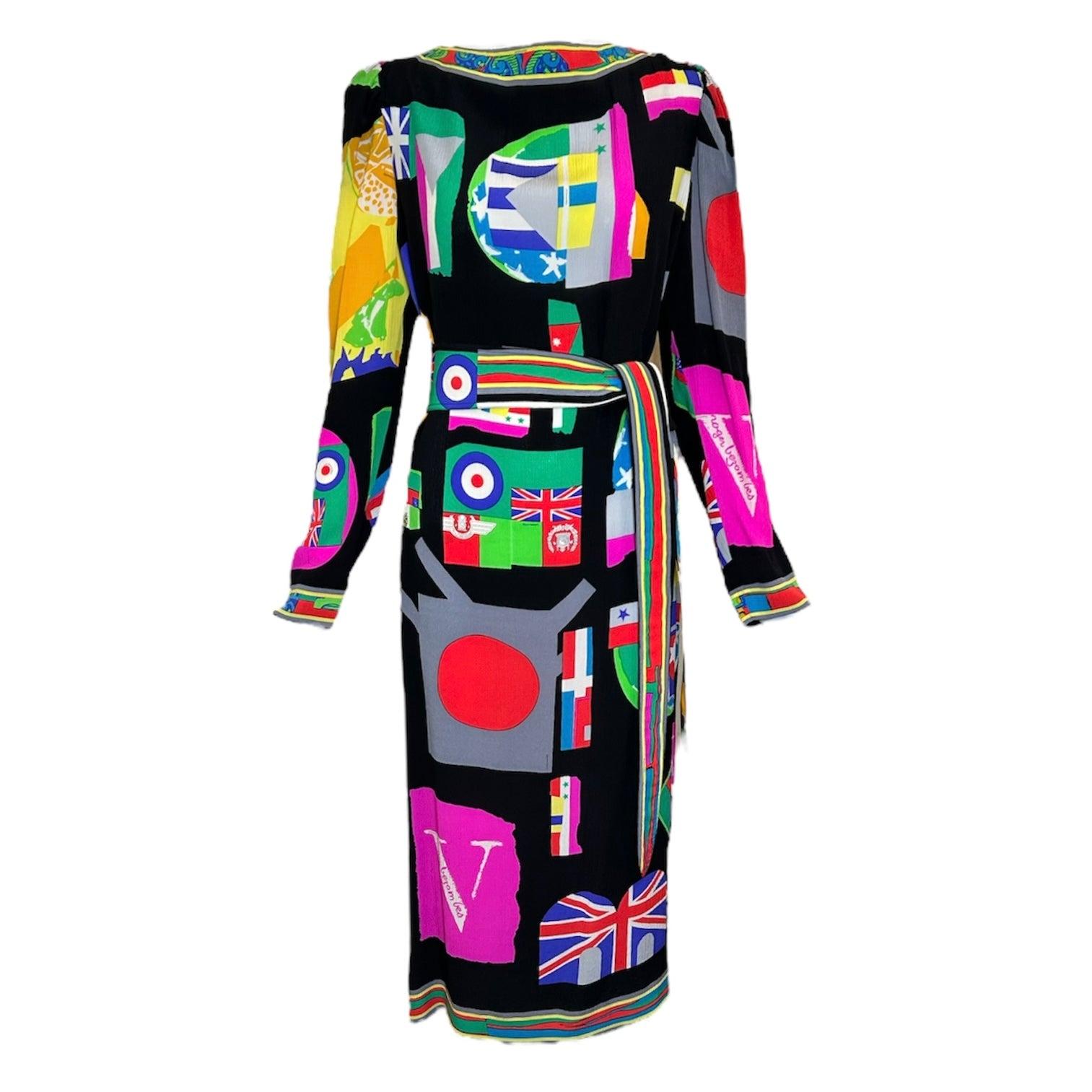 Late Leonard Silk Crepe Belted Flag Dress PLUS SIZED, 1980s For Sale