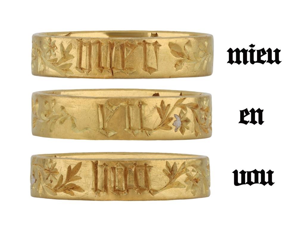 Post Medieval Engraved Posy Ring, 'For Good Love'. A yellow gold flat band, the exterior engraved around the full circumference with a stylised floral and foliate design and italic inscription 'MIEU EN VOU'’ meaning 'best in/on you', the interior
