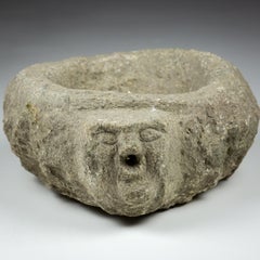 Late Medieval Granite Benitier or Stoup with Primitive Head as the Water Spout