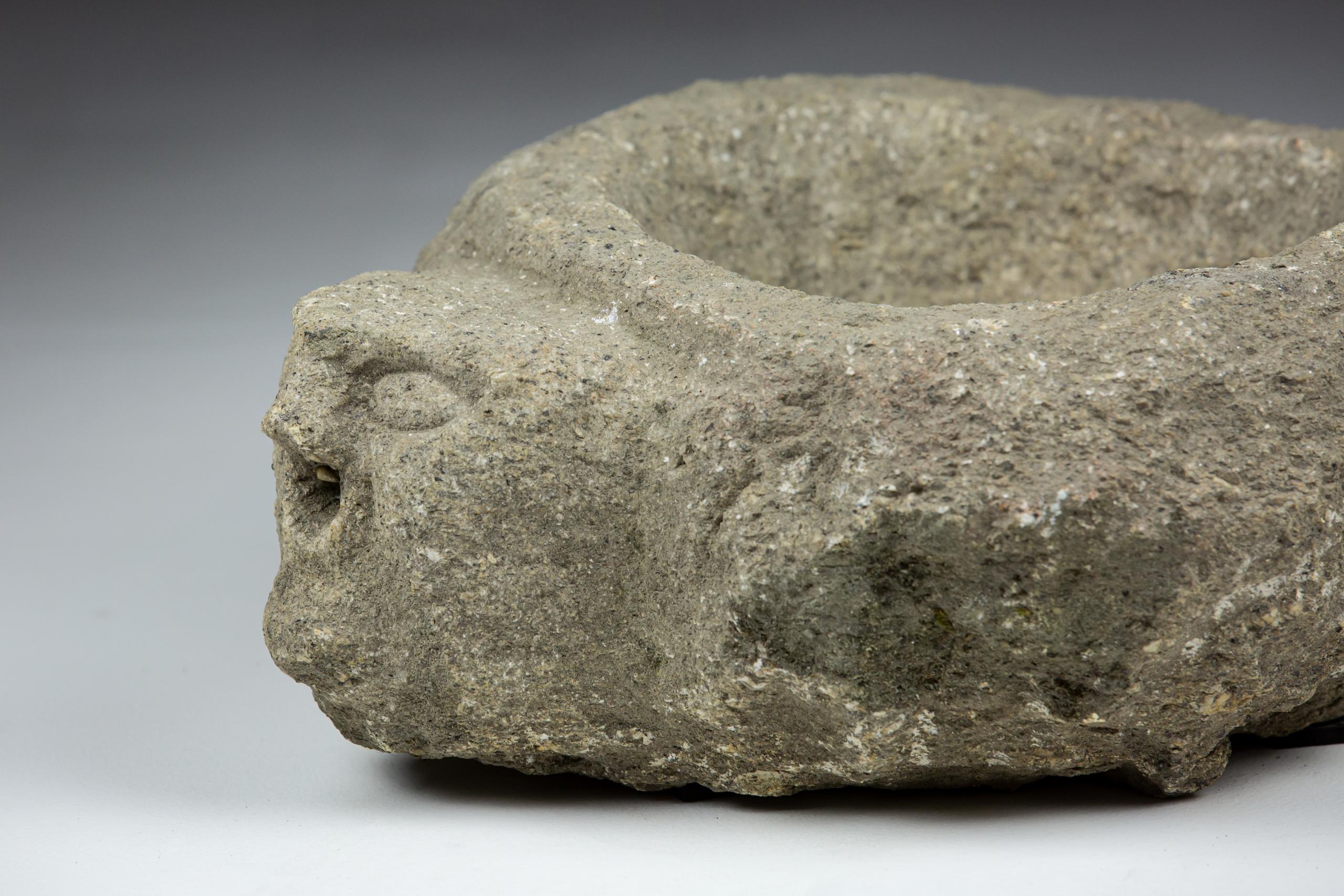 Late Medieval Granite Benitier or Stoup with Primitive Head as the Water Spout For Sale 1