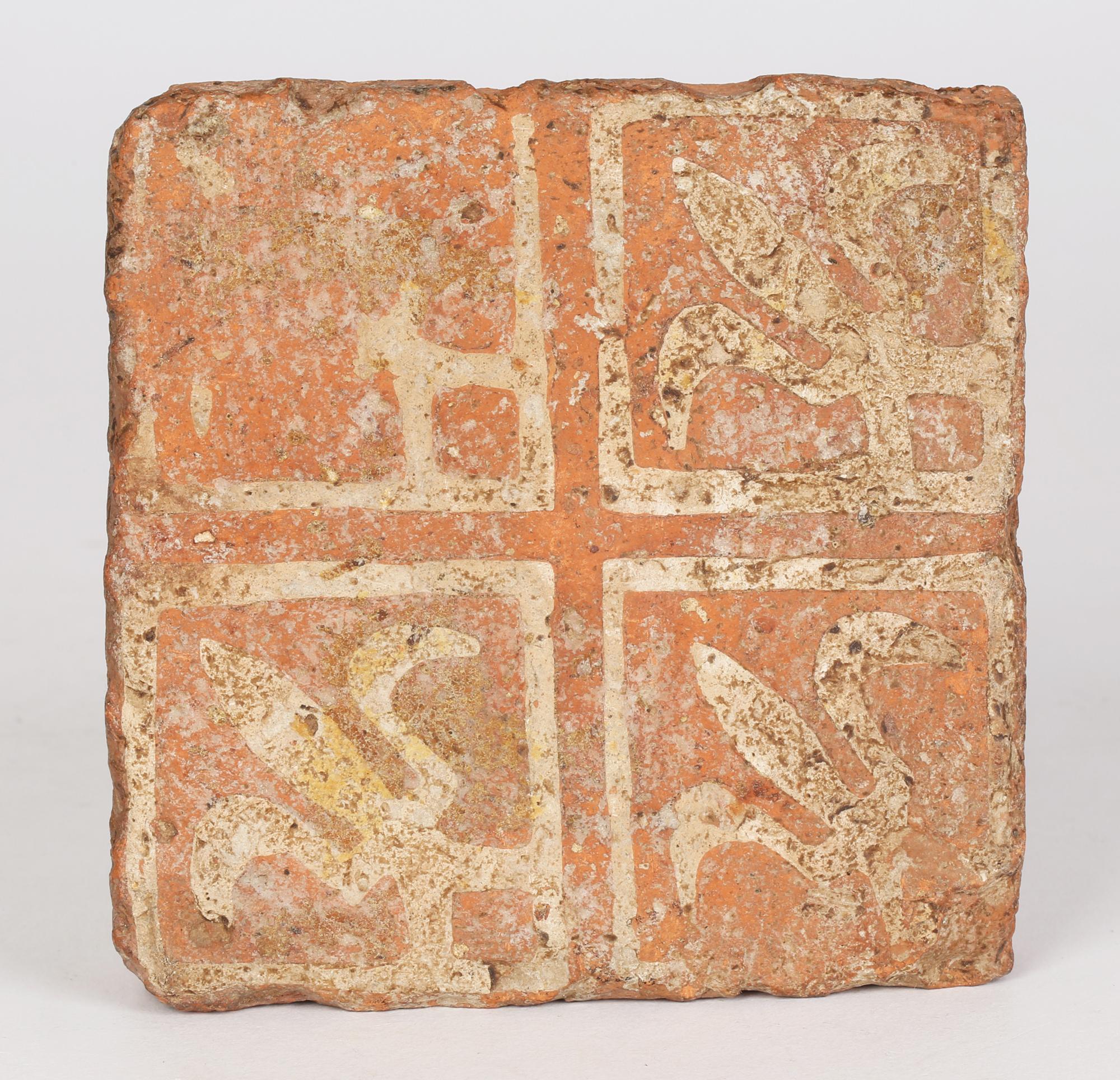 Hand-Crafted Late Medieval Terracotta Tile with Fleur De Lis Pattern