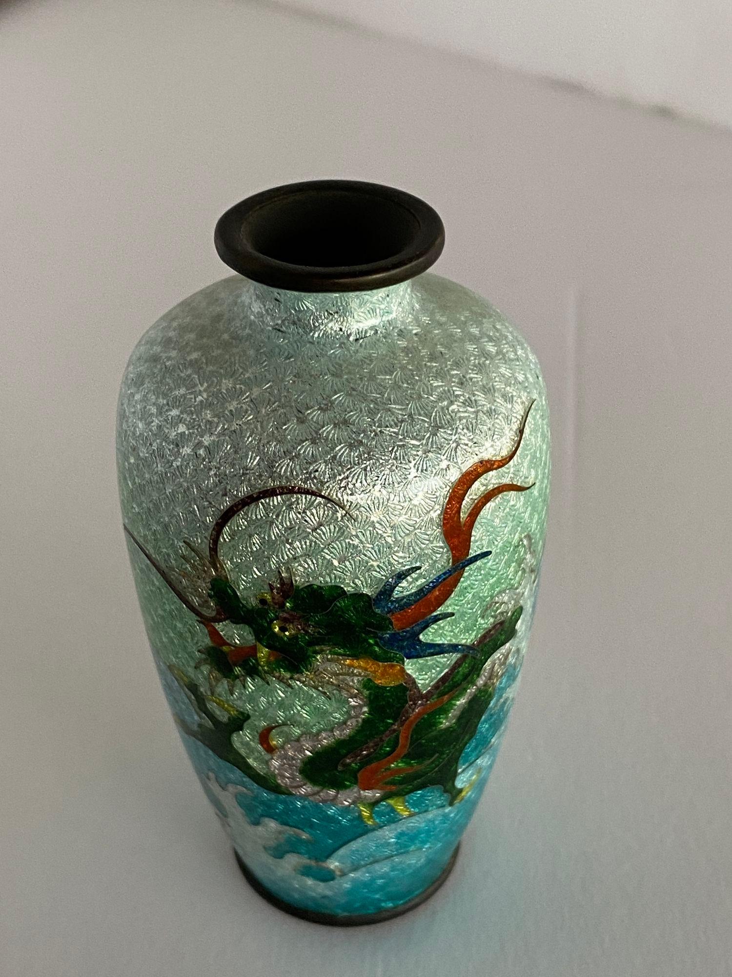 Early 20th Century Late Meiji Era Brass Japanese Dragon Cloisonné Vase For Sale