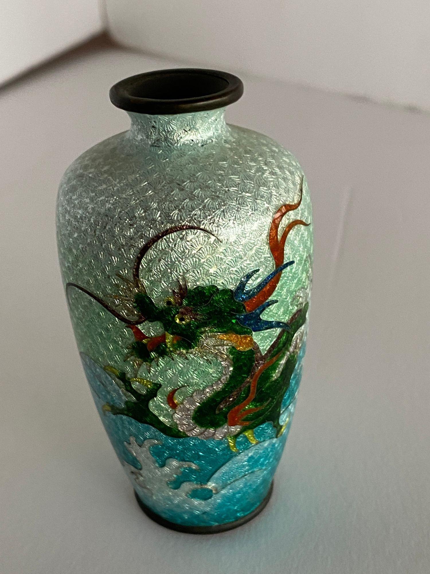 Late Meiji Era Brass Japanese Dragon Cloisonné Vase In Excellent Condition In Van Nuys, CA