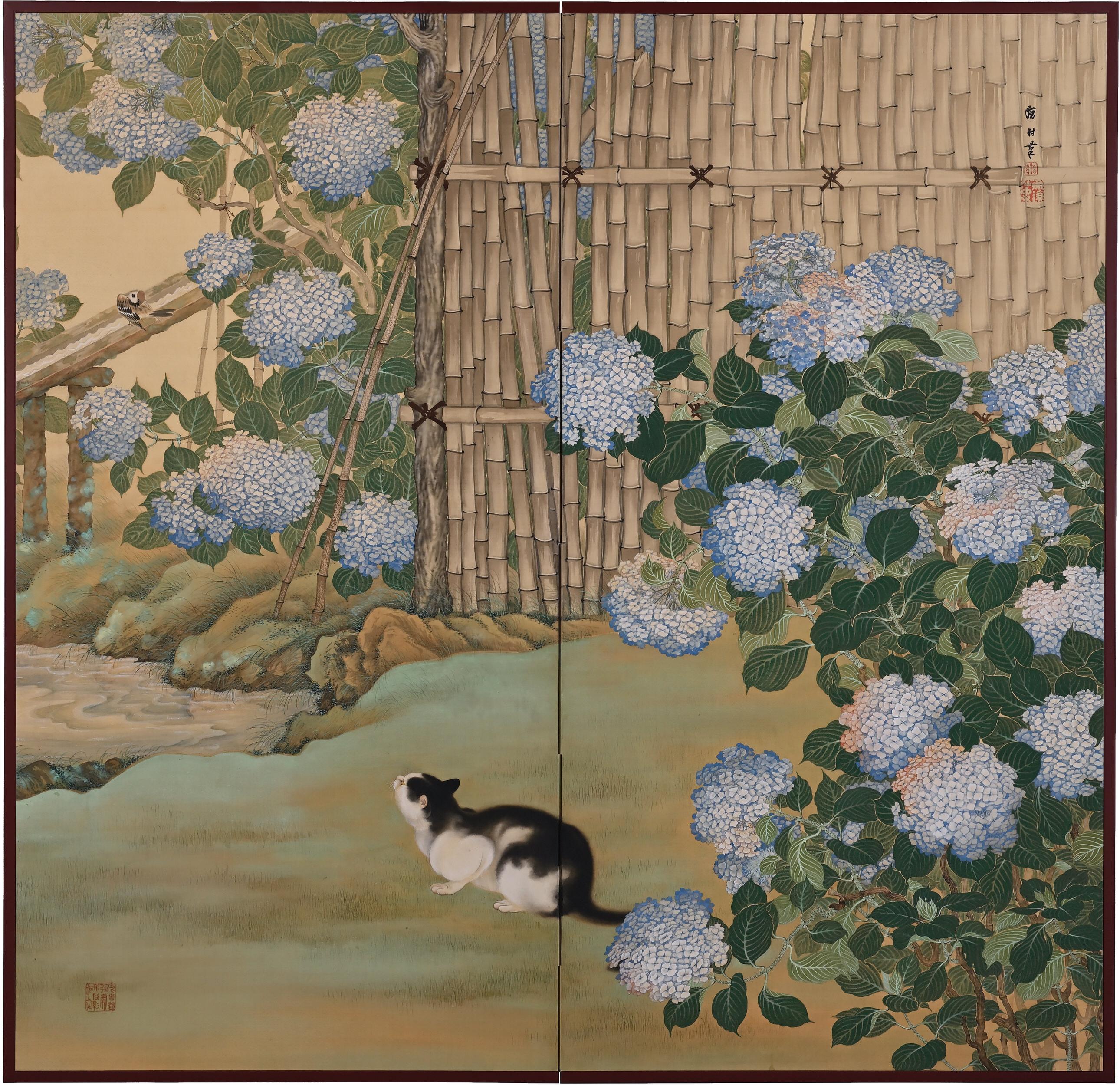 Late Meiji Era, Circa 1910, Japanese Nihonga Screen, Cat & Hydrangea
