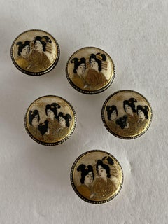 Late Meiji Era Hand Painted Geisha Satsuma Button Set of 5