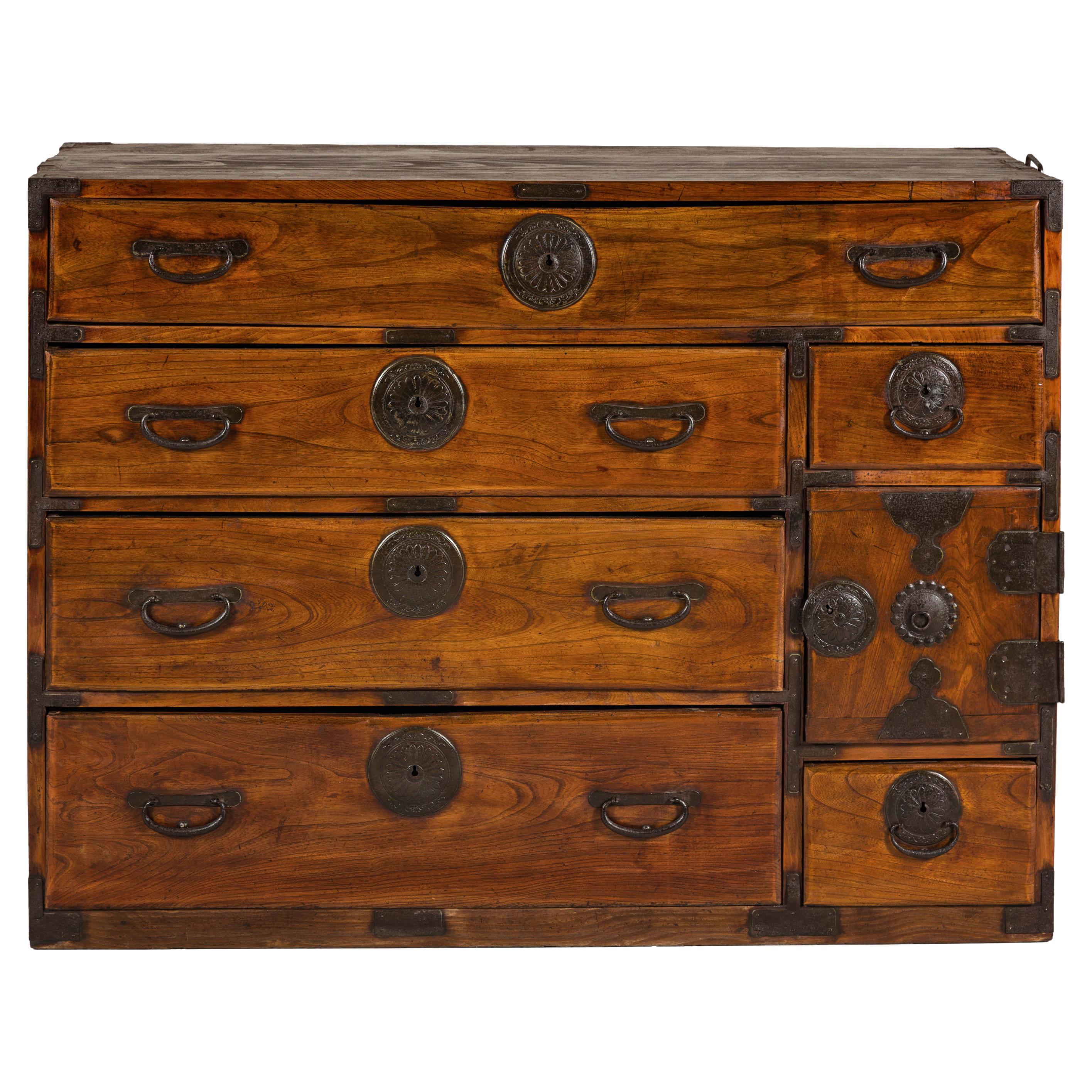 Late Meiji Japanese Keyaki Merchant Tansu Chest with Iron Fittings