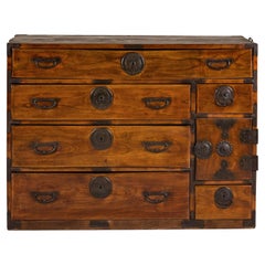 Late Meiji Japanese Keyaki Merchant Tansu Chest with Iron Fittings