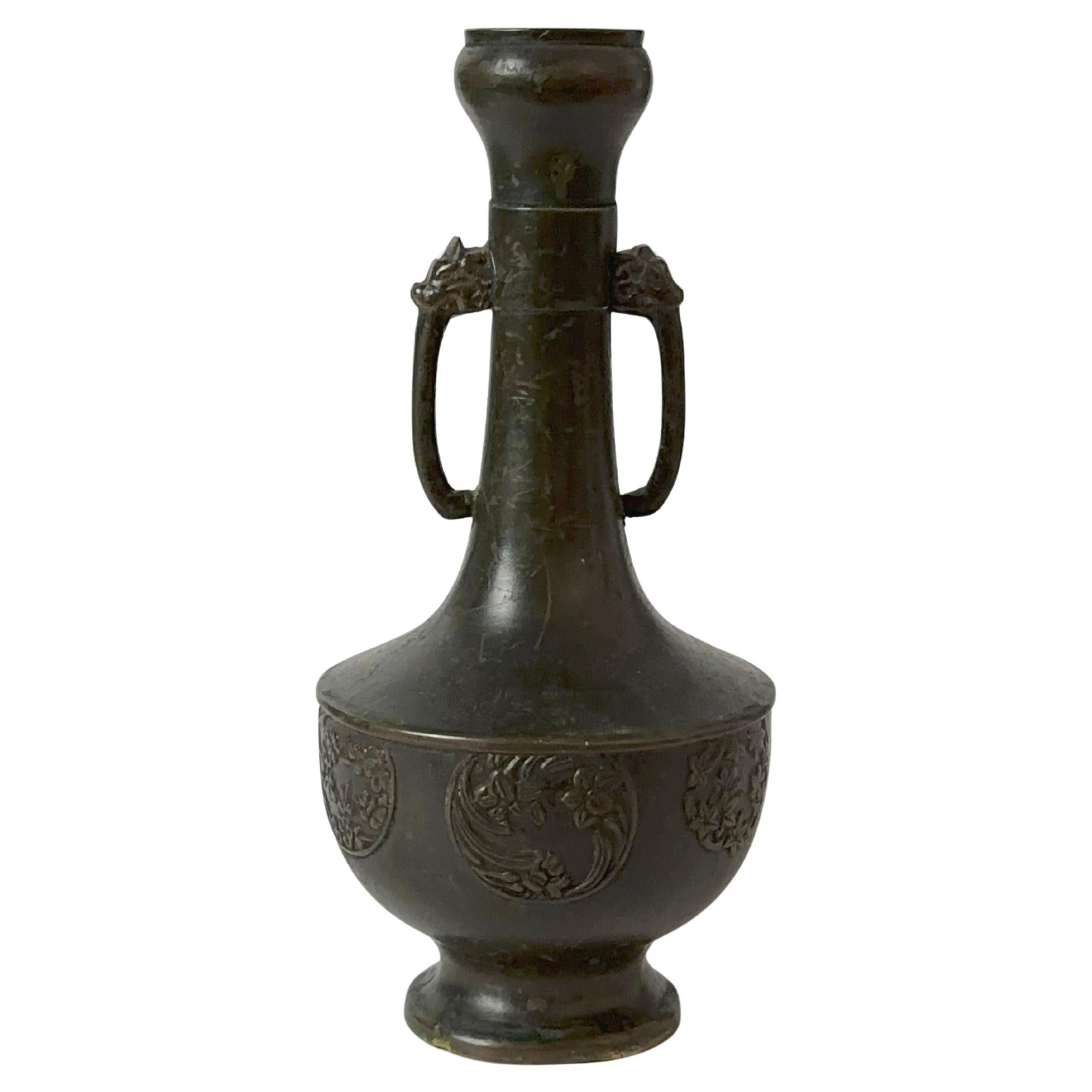 Late Meiji Period Japanese Bronze Bud Vase For Sale