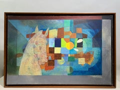 Quadro di astrazione geometrica della fine del secolo scorso raffigurante un cavallo firmato "J. Vilagon"