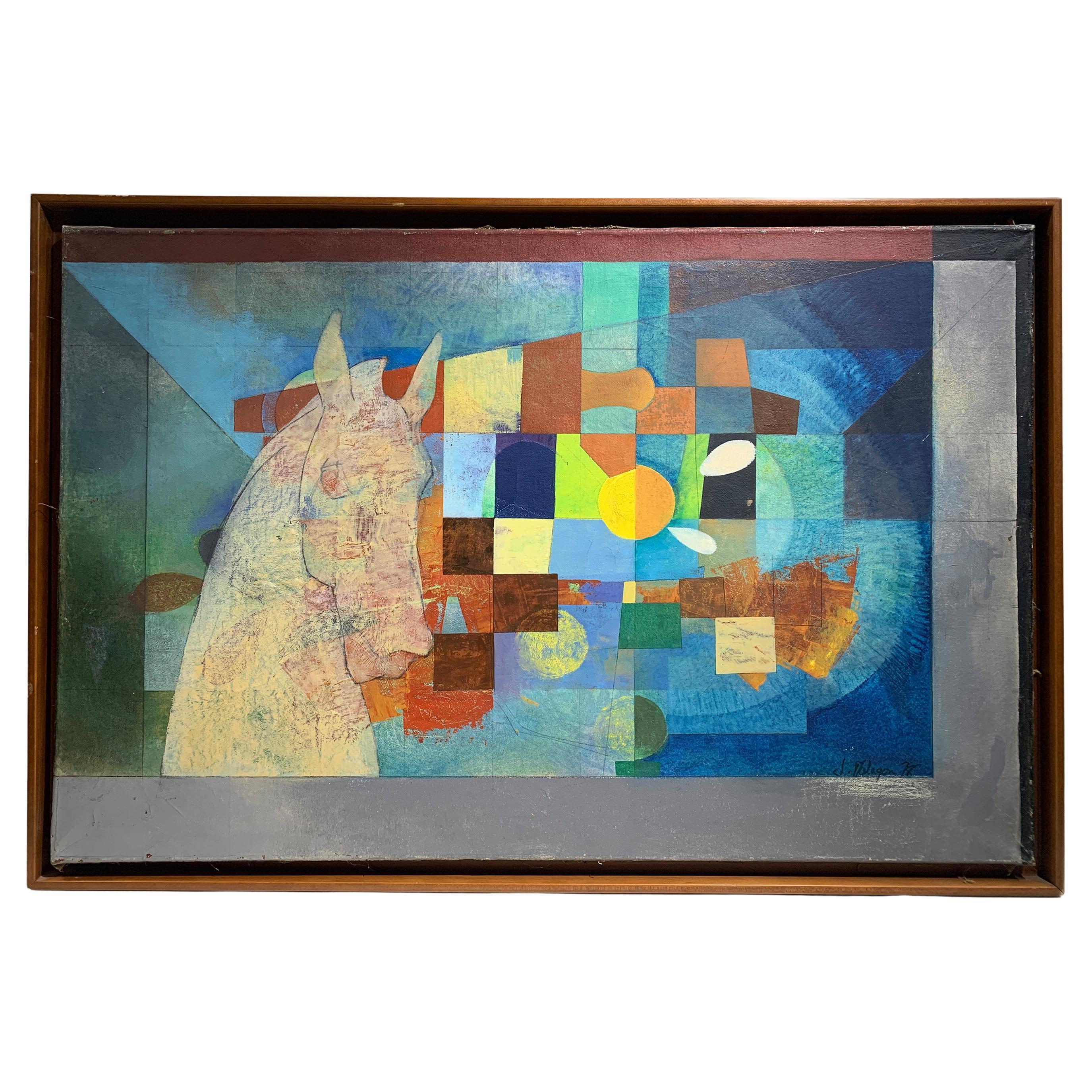 Geometrisches Abstraktionsgemälde eines Pferdes aus der Mitte des Jahrhunderts, signiert "J. Vilagon"