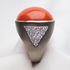 Late Midcentury 39.80 Carat Orange Coral Cabochon and Diamond Cocktail Ring
