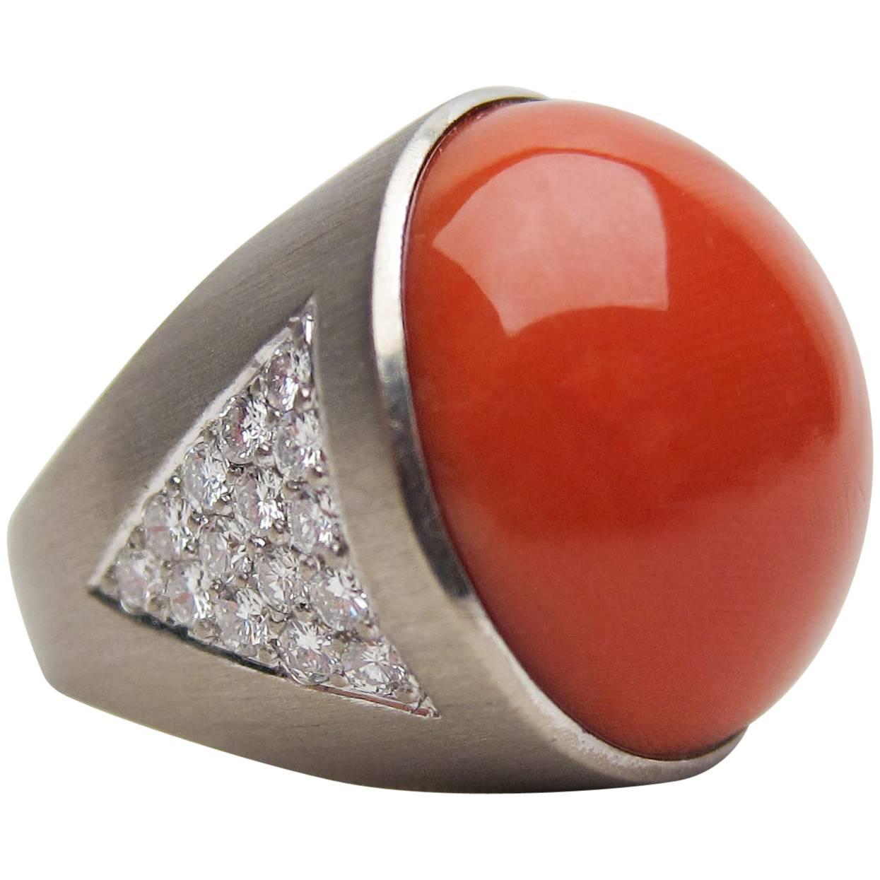 Late Midcentury 39.80 Carat Orange Coral Cabochon and Diamond Cocktail Ring For Sale
