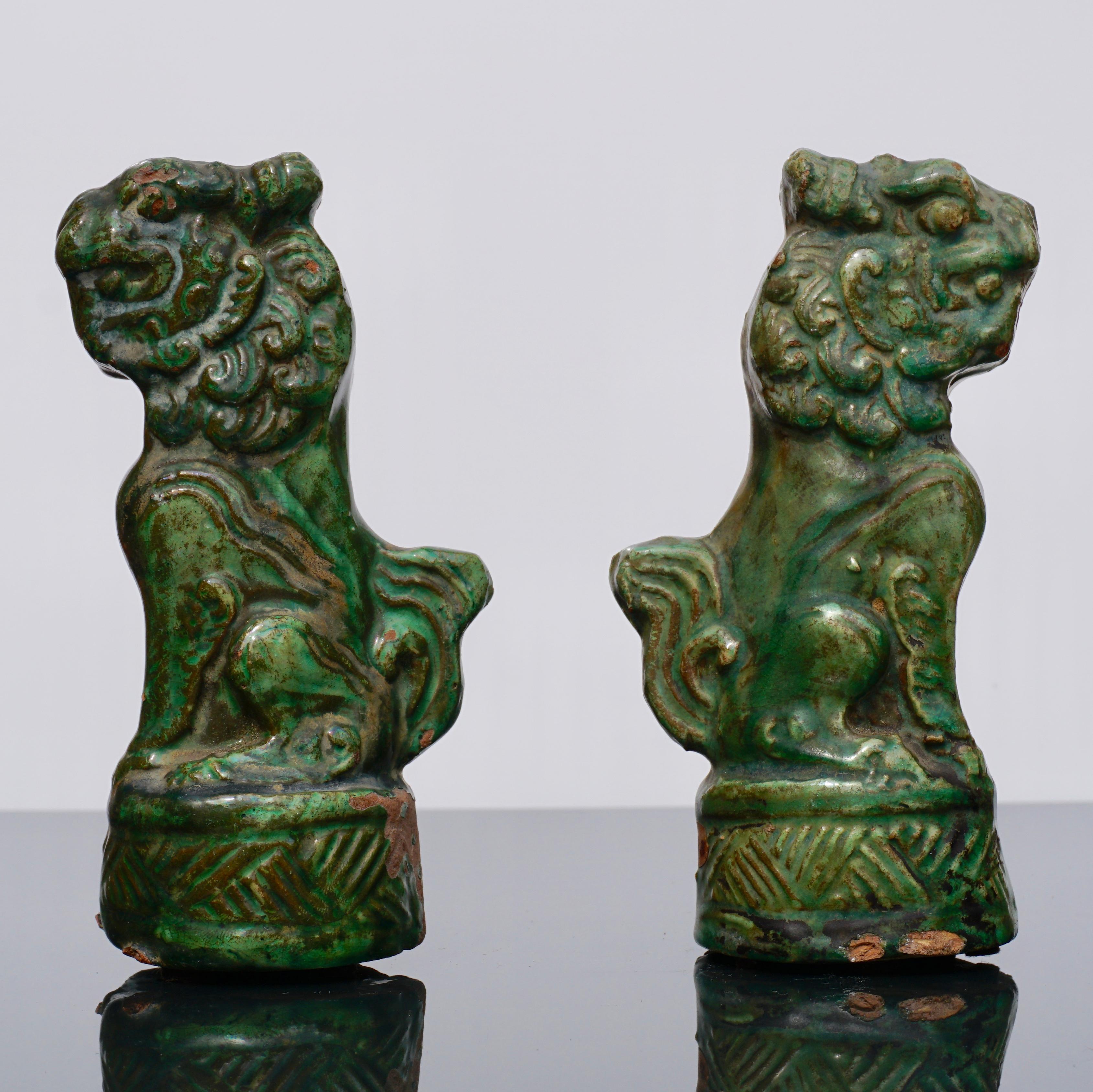 Qing Late Ming Terracotta Sancai Green Glazed Foo Dogs