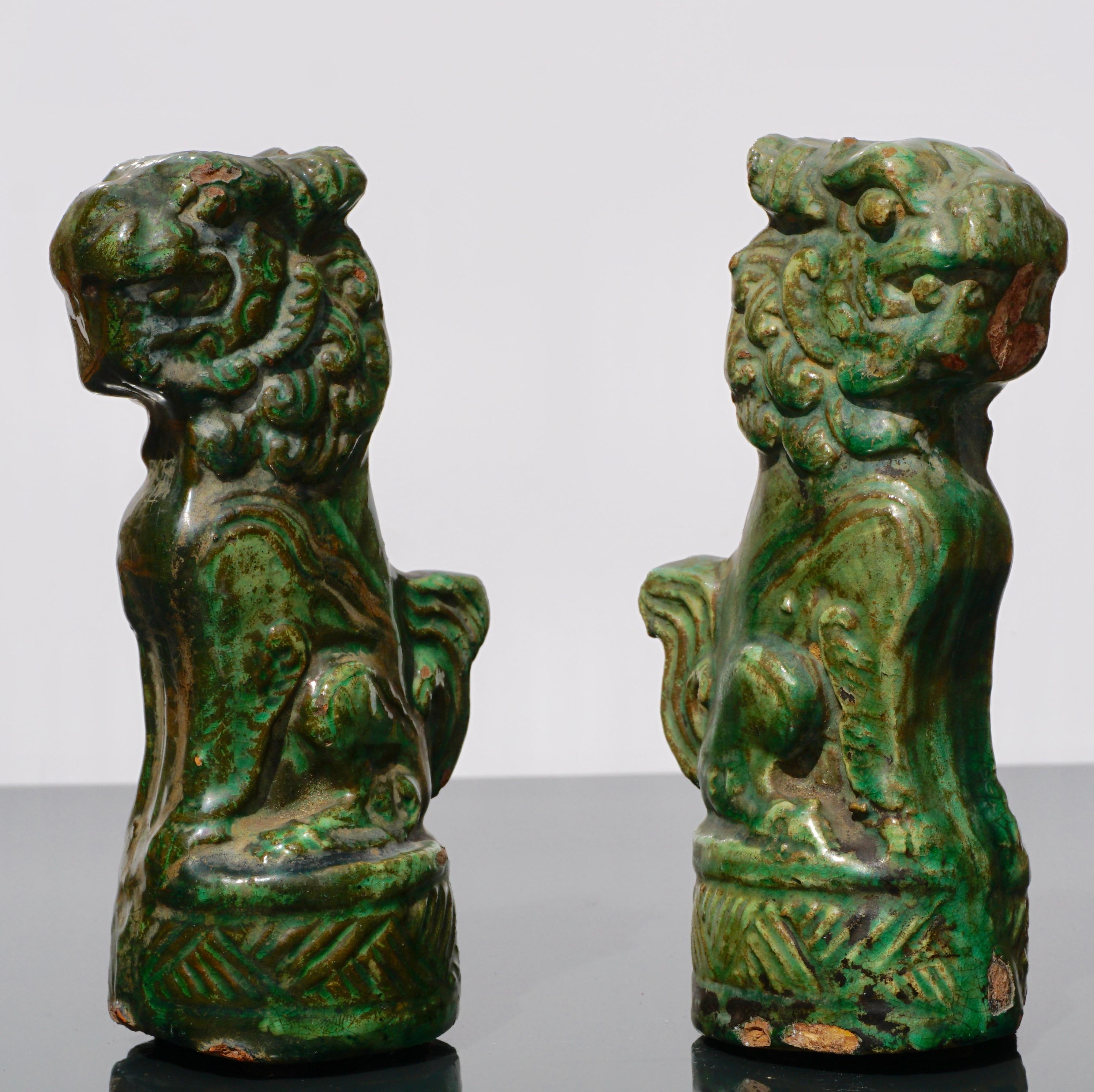 Chinese Late Ming Terracotta Sancai Green Glazed Foo Dogs