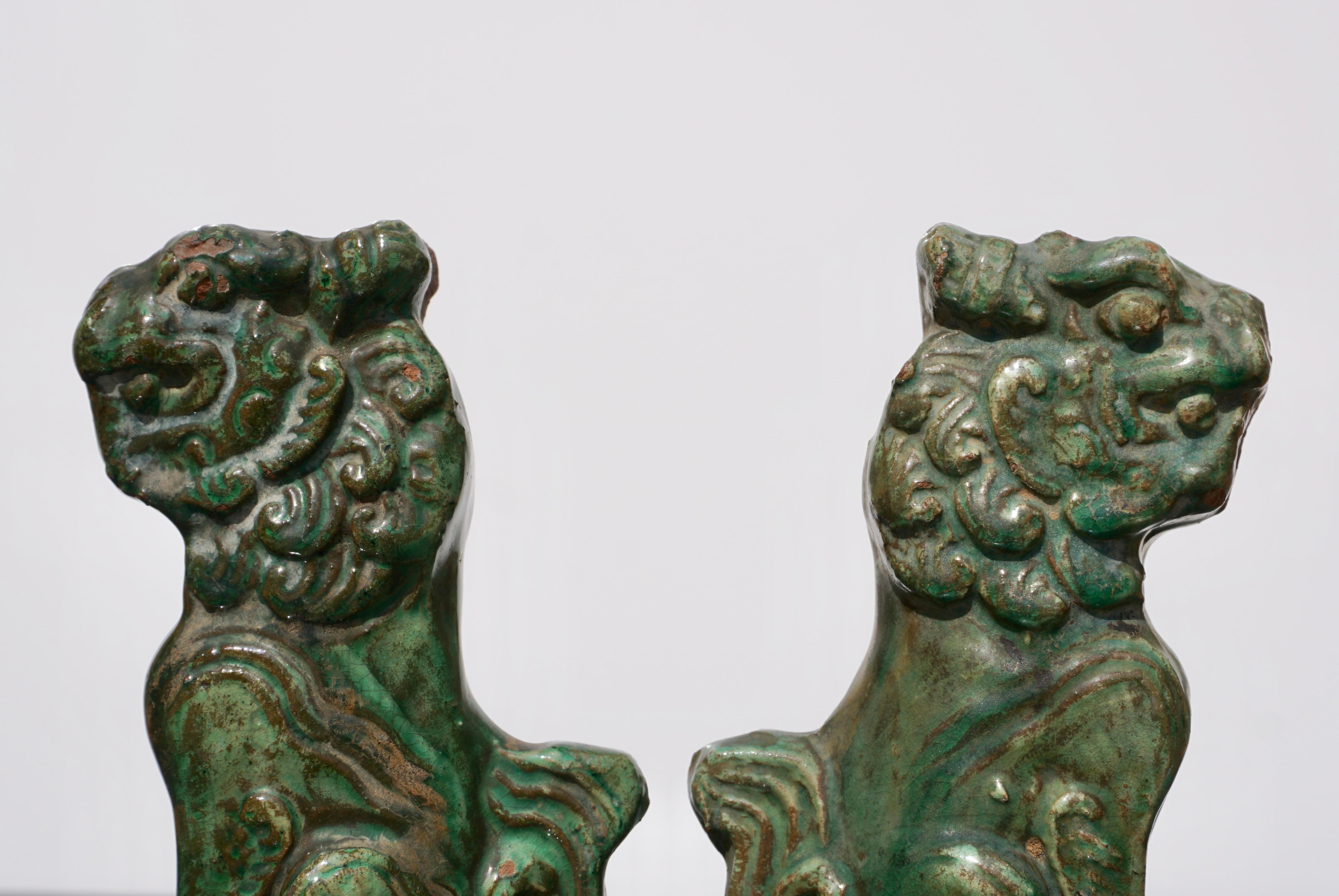 Late Ming Terracotta Sancai Green Glazed Foo Dogs In Good Condition In Dallas, TX