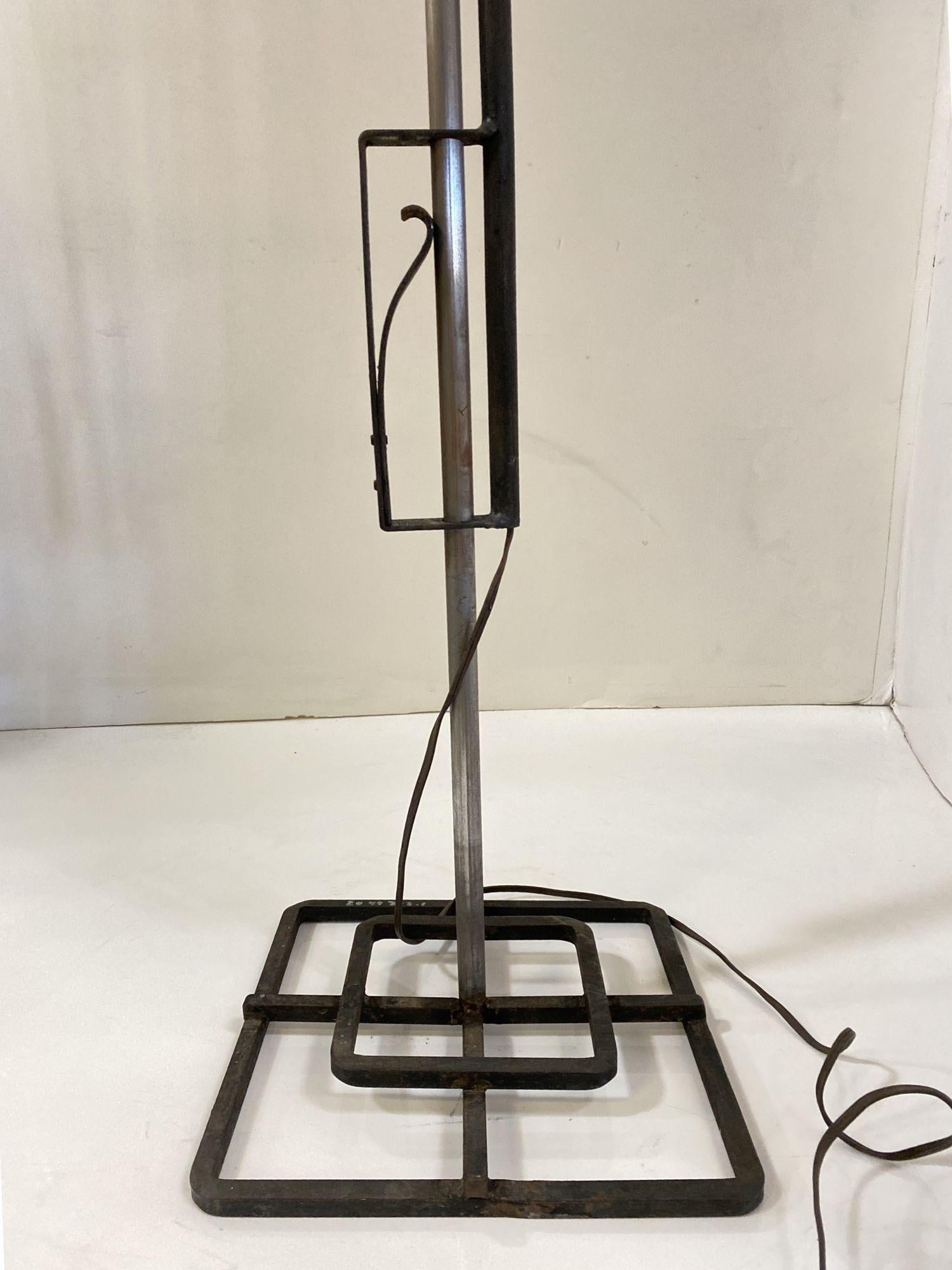 Late Mission Wrought Iron Adjustable Floor Lamp w/ Shade In Excellent Condition For Sale In Van Nuys, CA