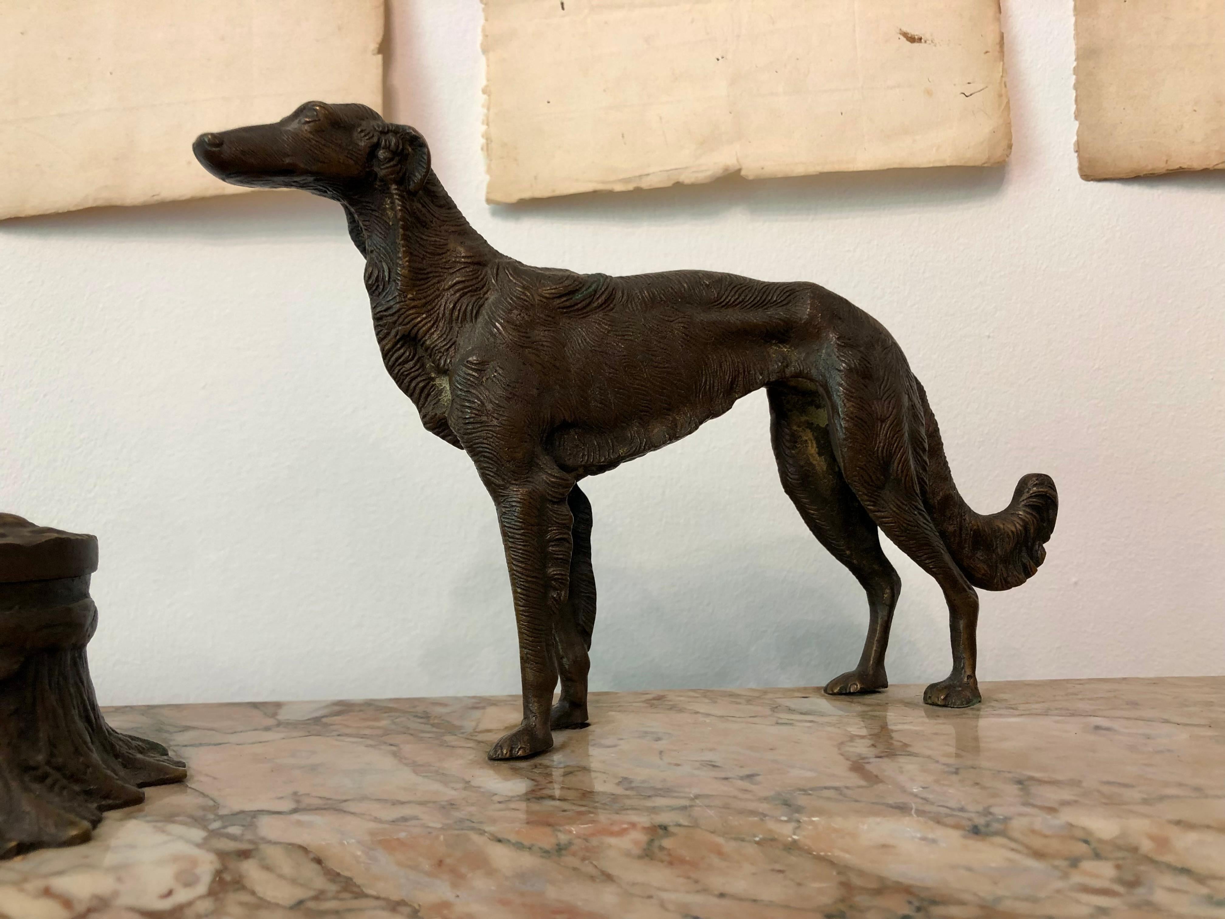 English Late 19th Century Bronze and Marble Ink Stand with Dog
